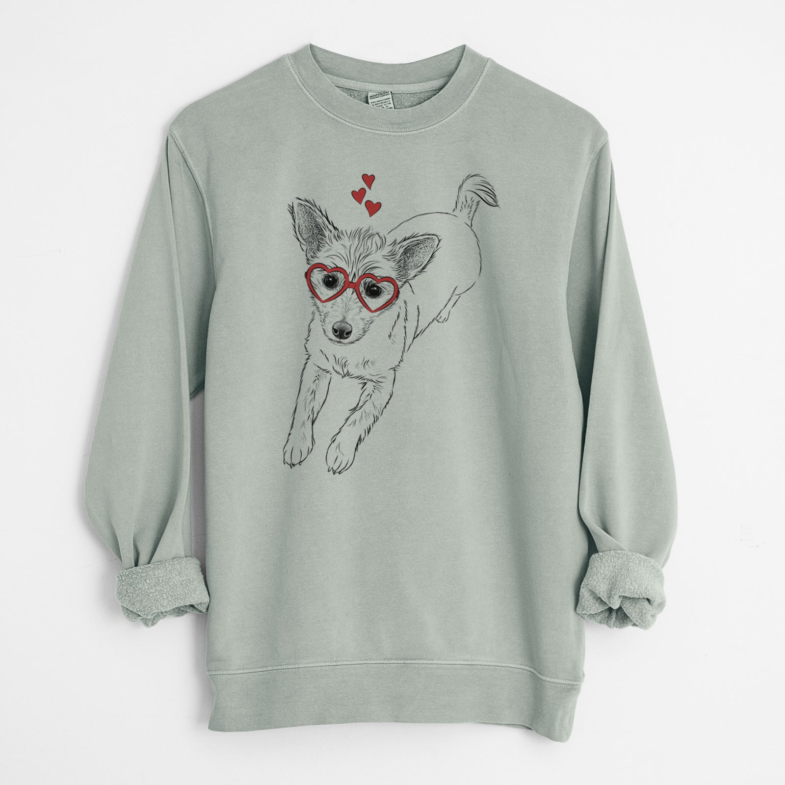 Hand-drawn sketch of Maisie the Terrier Mix wearing heart-shaped glasses on a Sage Unisex pigment dyed crew sweatshirt