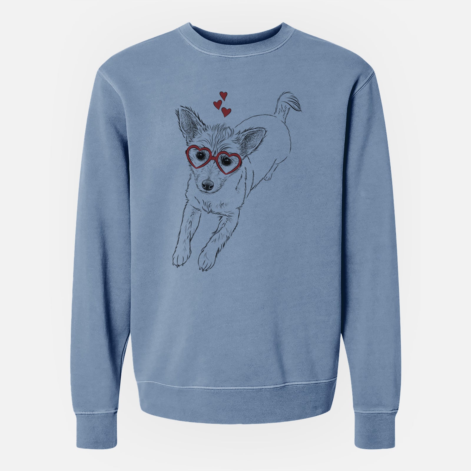 Hand-drawn sketch of Maisie the Terrier Mix wearing heart-shaped glasses on a Slate Blue Unisex pigment dyed crew sweatshirt