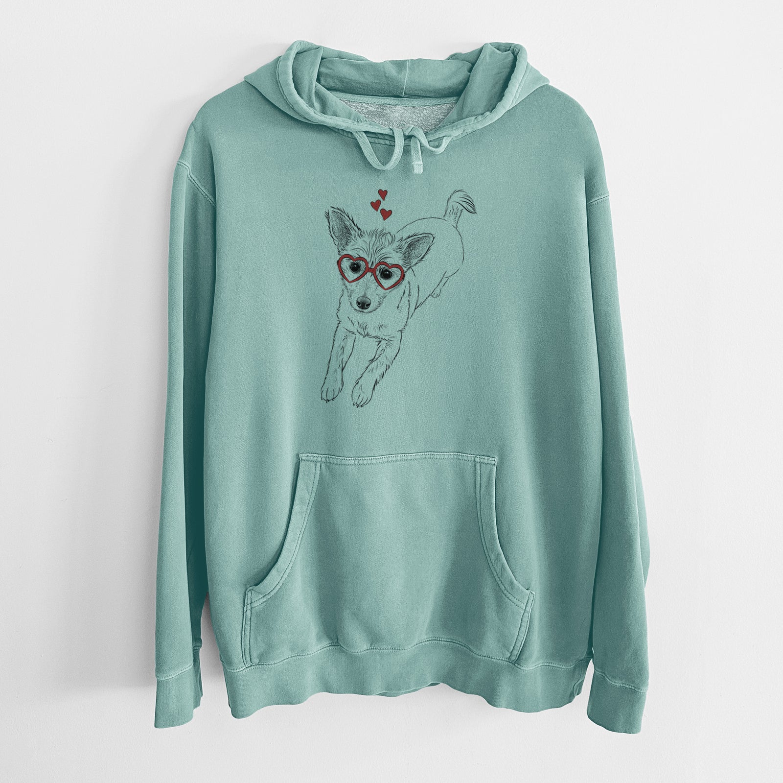 Hand-drawn sketch of Maisie the Terrier Mix wearing heart-shaped glasses on a Mint Unisex pigment dyed hoodie