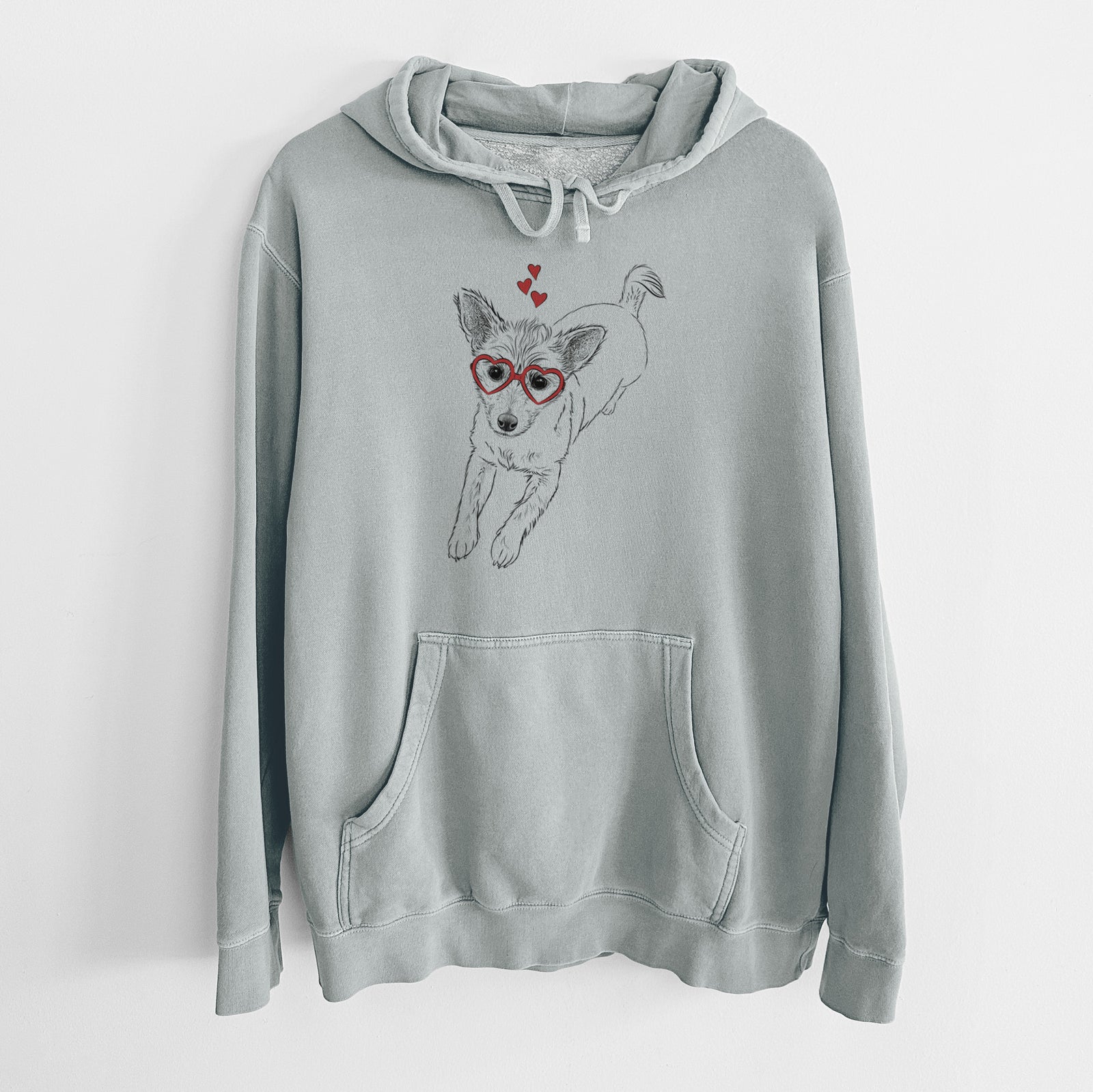 Hand-drawn sketch of Maisie the Terrier Mix wearing heart-shaped glasses on a Sage Unisex pigment dyed hoodie