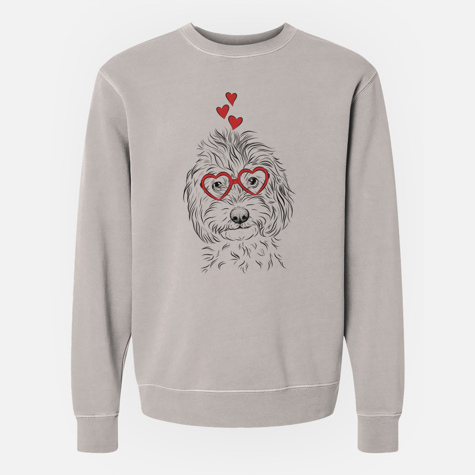 Hand-drawn sketch of Mason the Cavapoo wearing heart-shaped glasses on a Cement Unisex pigment dyed crew sweatshirt
