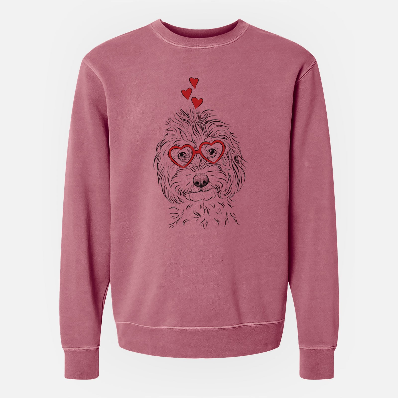 Hand-drawn sketch of Mason the Cavapoo wearing heart-shaped glasses on a Maroon Unisex pigment dyed crew sweatshirt