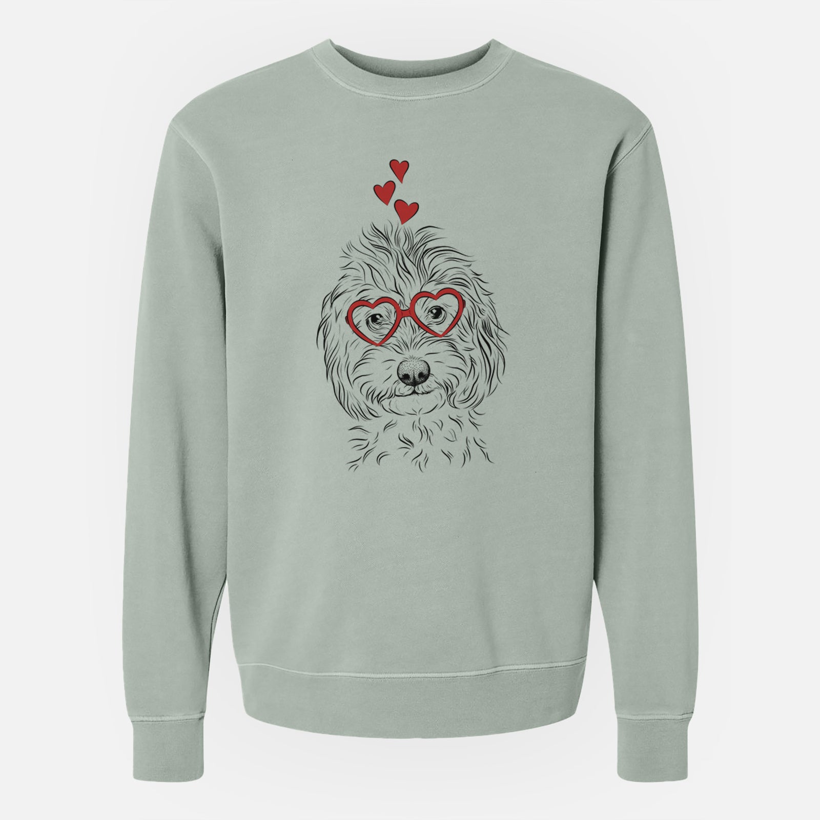 Hand-drawn sketch of Mason the Cavapoo wearing heart-shaped glasses on a Sage Unisex pigment dyed crew sweatshirt