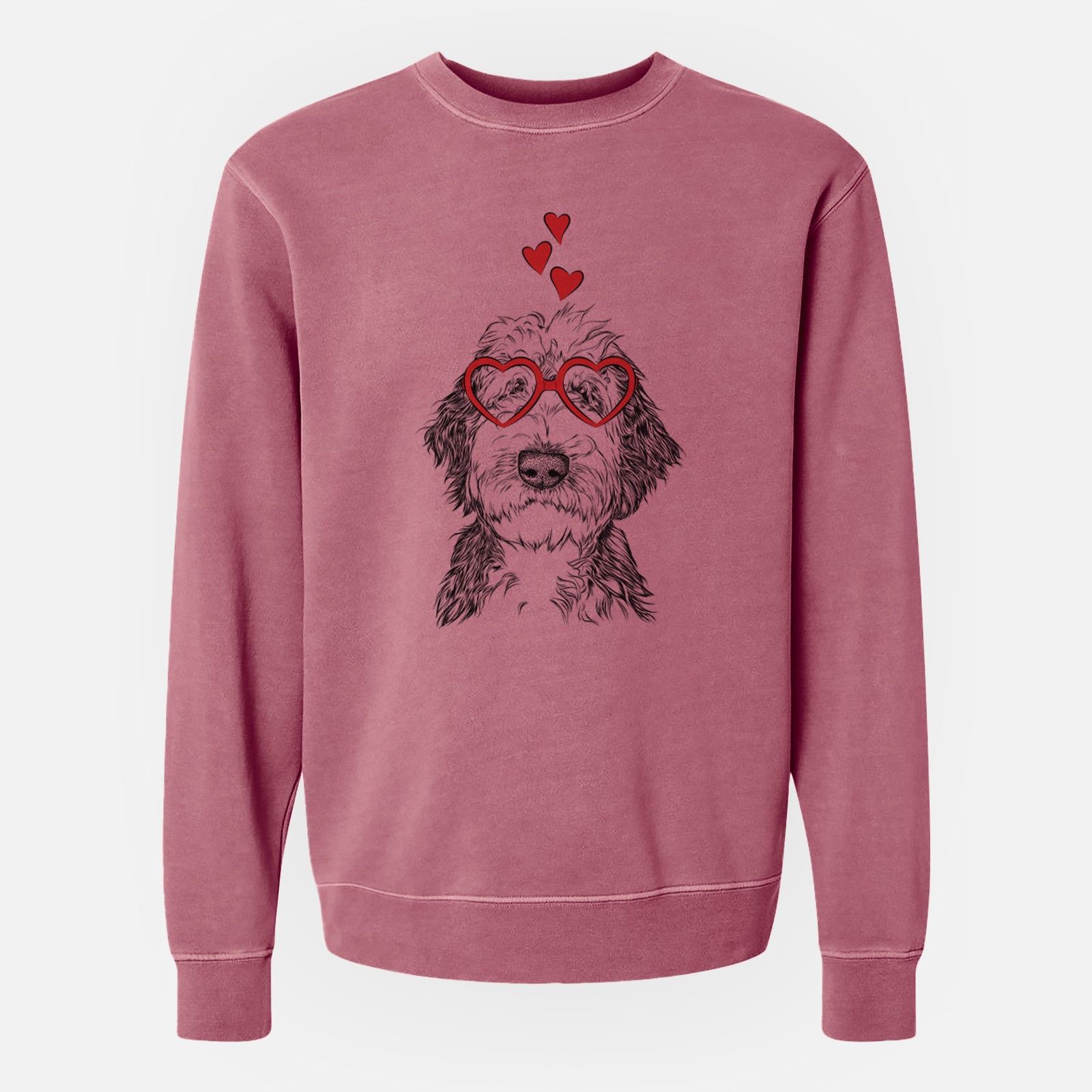 Hand-drawn sketch of Milo Fluff the Sheepadoodle wearing heart-shaped glasses on a Maroon Unisex pigment dyed crew sweatshirt