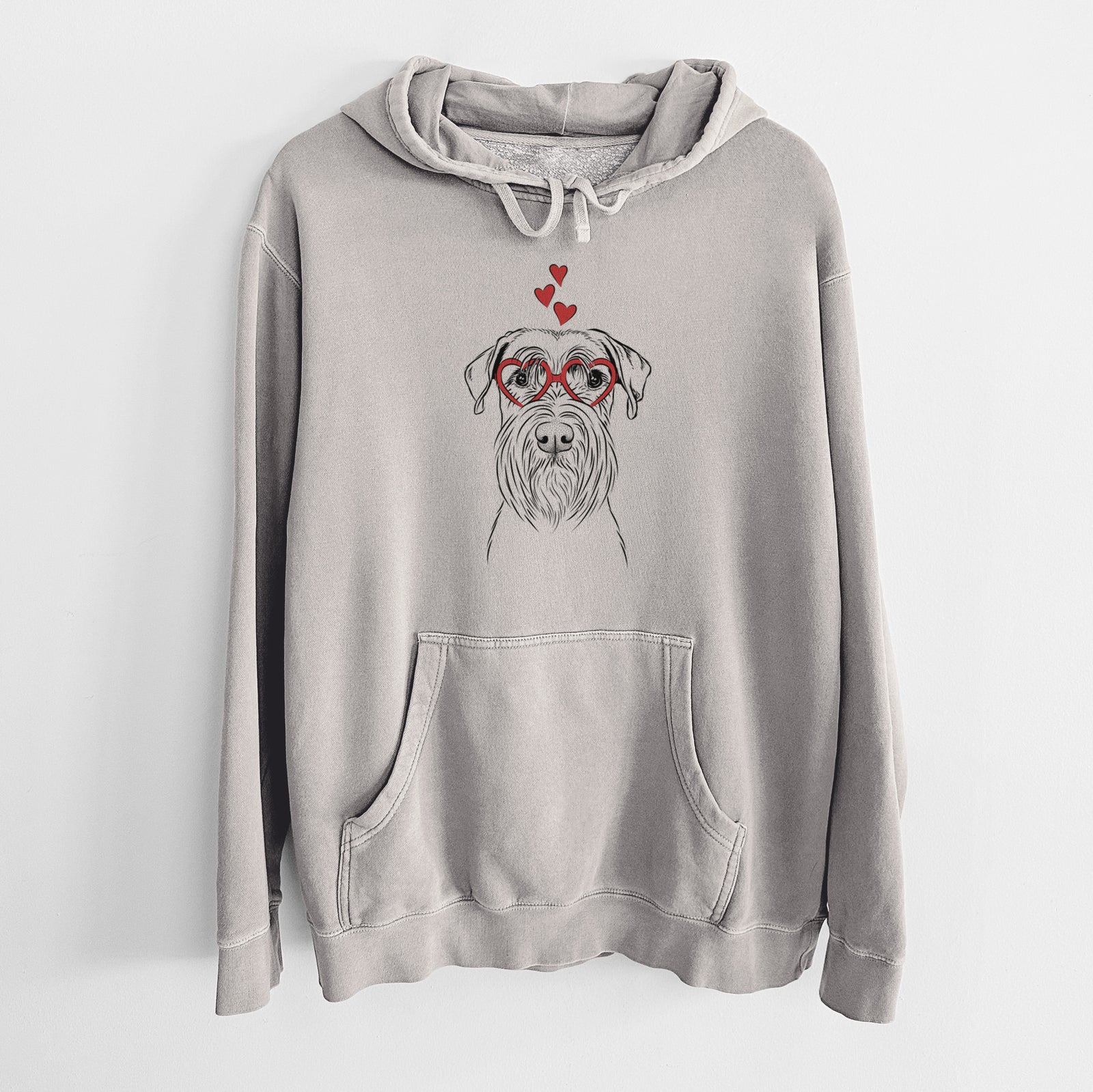 Hand-drawn sketch of Milton the Schnauzer wearing heart-shaped glasses on a Cement Unisex pigment dyed hoodie