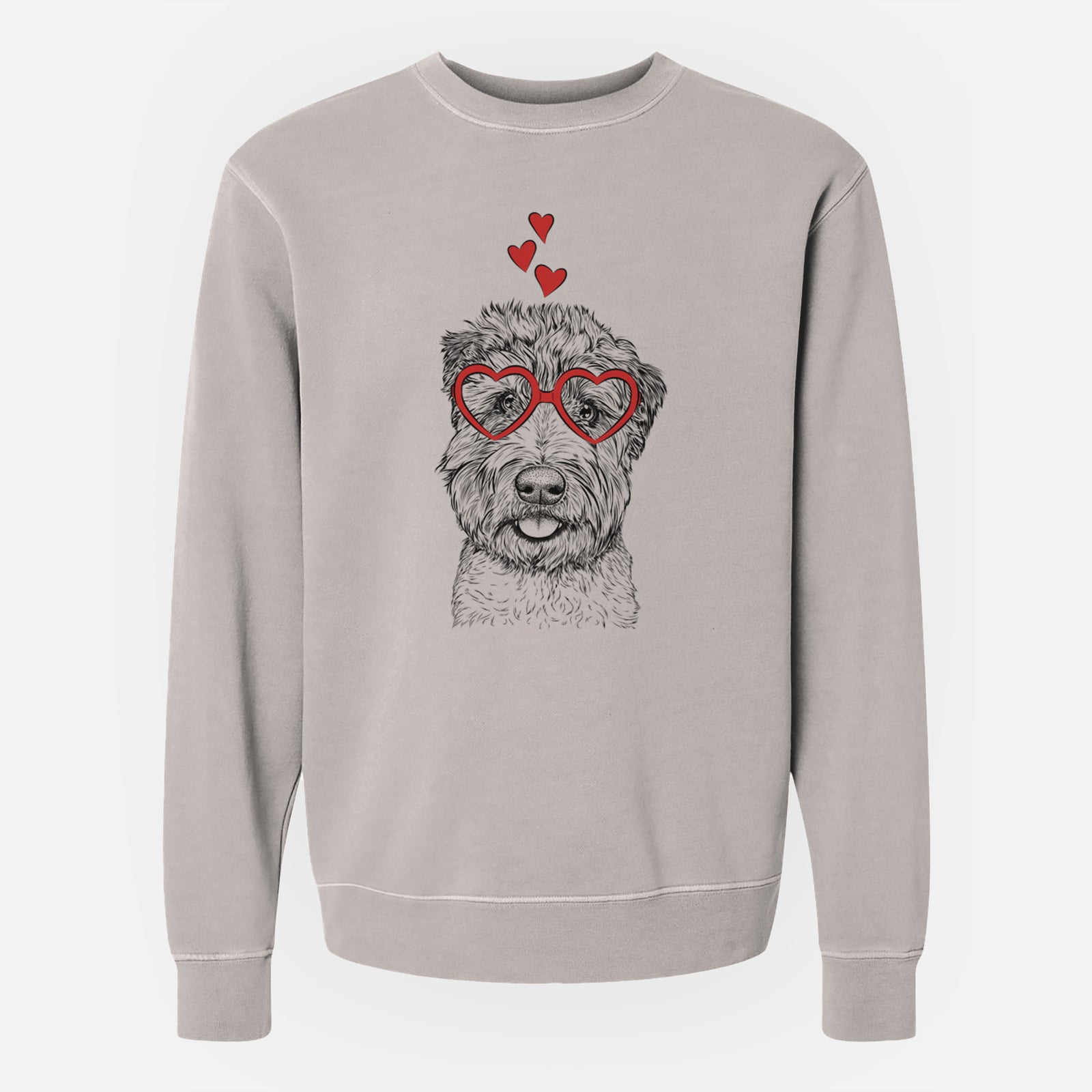 Hand-drawn sketch of Milton the Soft Coated Wheaten Terrier wearing heart-shaped glasses on a Cement Unisex pigment dyed crew sweatshirt