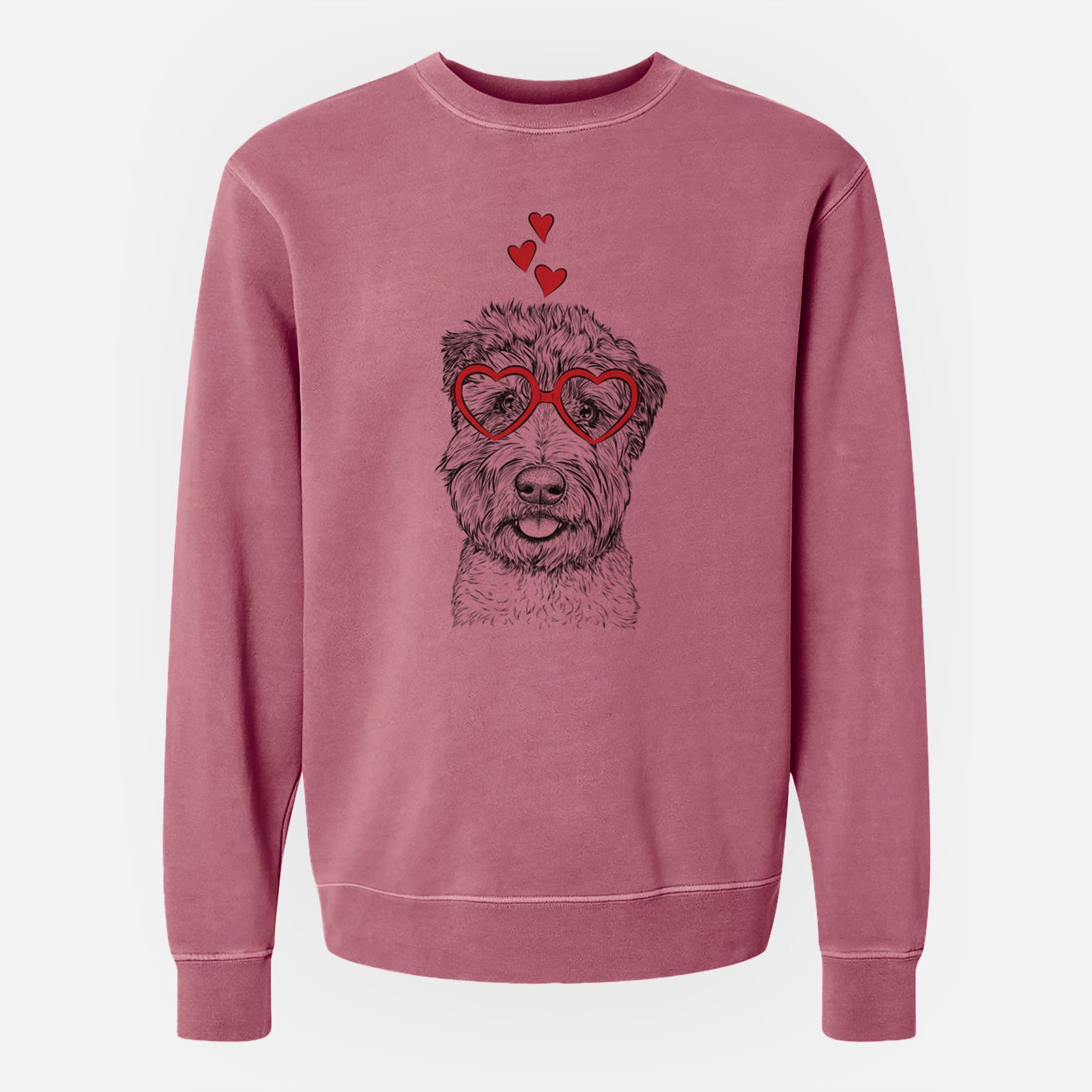 Hand-drawn sketch of Milton the Soft Coated Wheaten Terrier wearing heart-shaped glasses on a Maroon Unisex pigment dyed crew sweatshirt