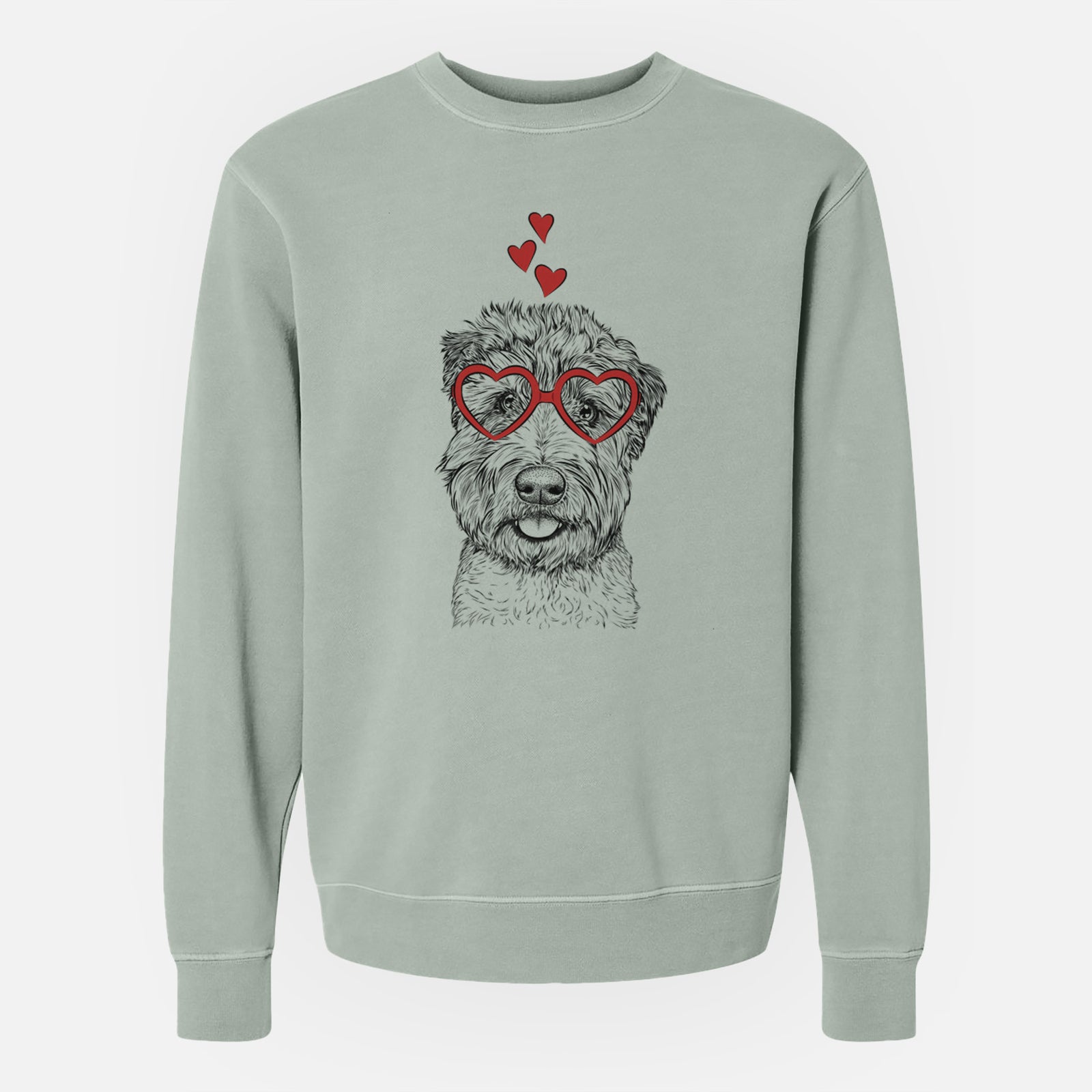 Hand-drawn sketch of Milton the Soft Coated Wheaten Terrier wearing heart-shaped glasses on a Sage Unisex pigment dyed crew sweatshirt