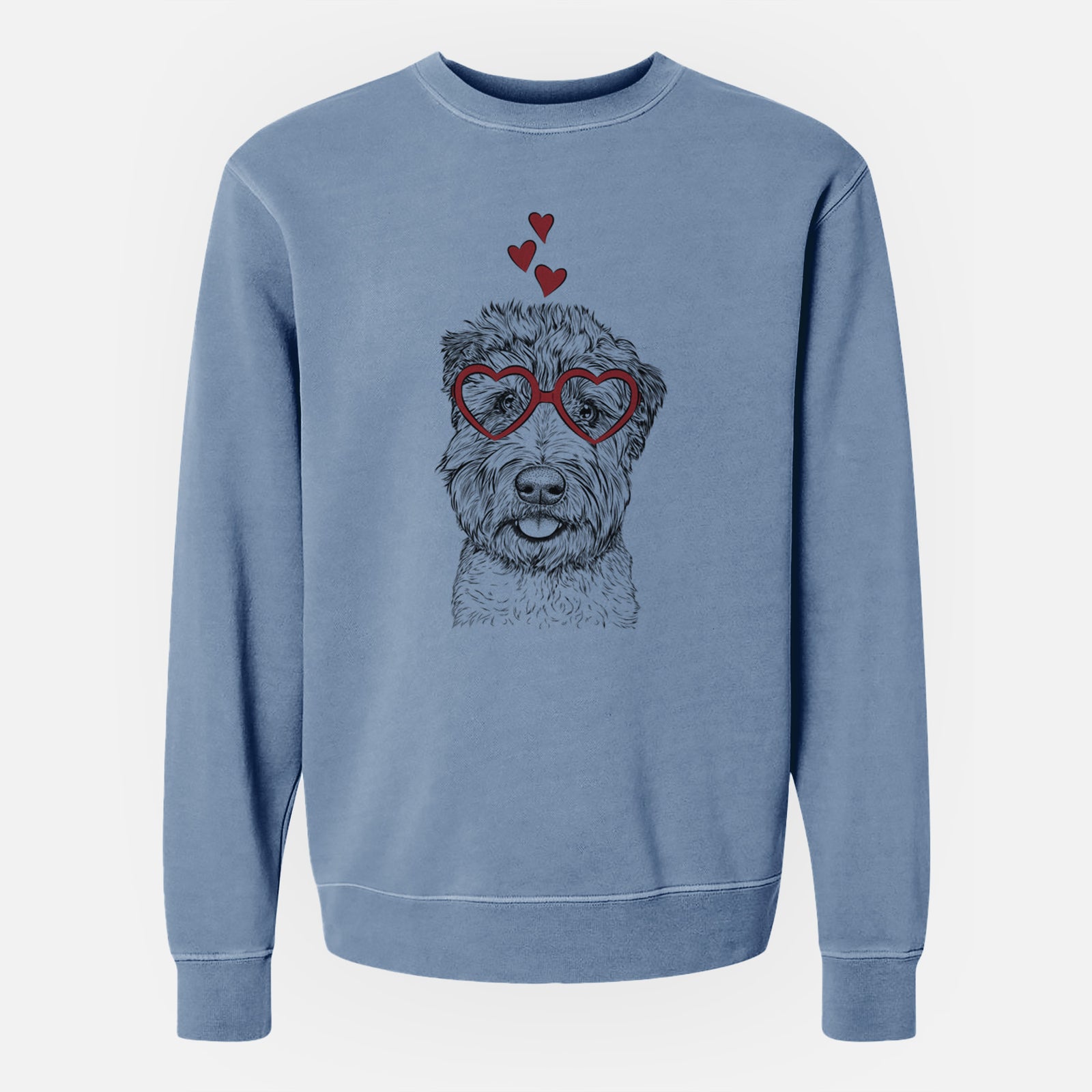 Hand-drawn sketch of Milton the Soft Coated Wheaten Terrier wearing heart-shaped glasses on a Slate Blue Unisex pigment dyed crew sweatshirt