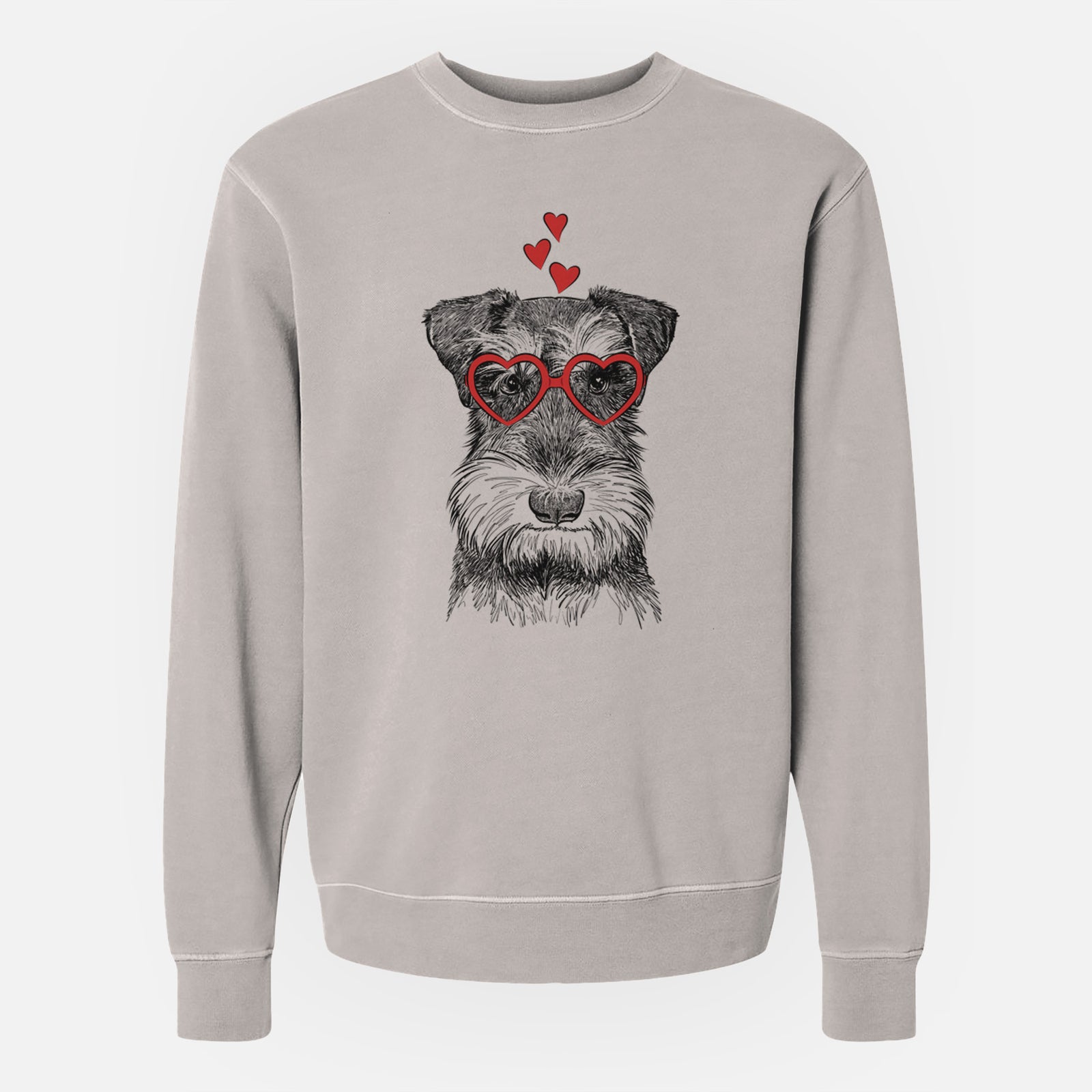 Hand-drawn sketch of Murphy the Mini Schnauzer wearing heart-shaped glasses on a Cement Unisex pigment dyed crew sweatshirt