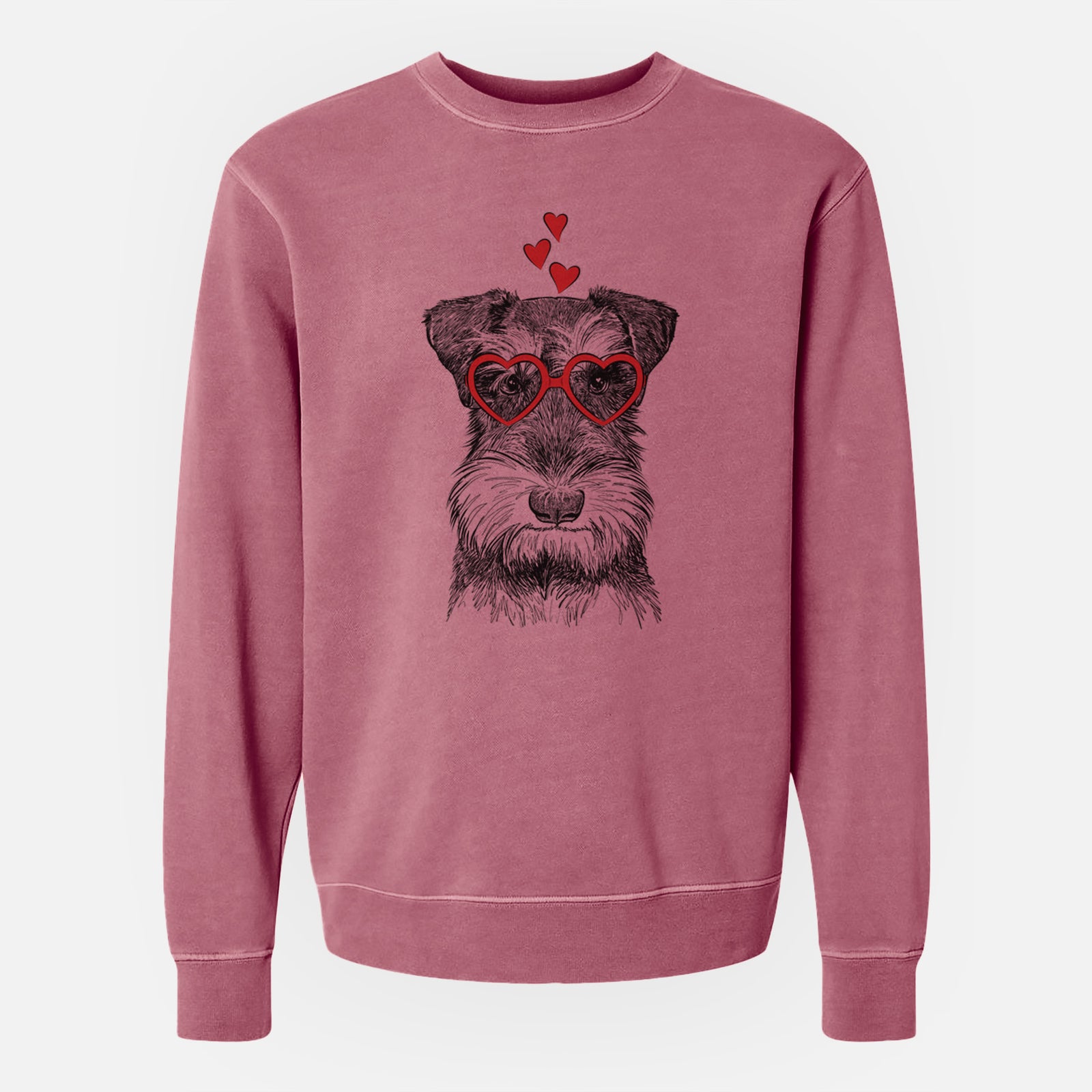 Hand-drawn sketch of Murphy the Mini Schnauzer wearing heart-shaped glasses on a Maroon Unisex pigment dyed crew sweatshirt