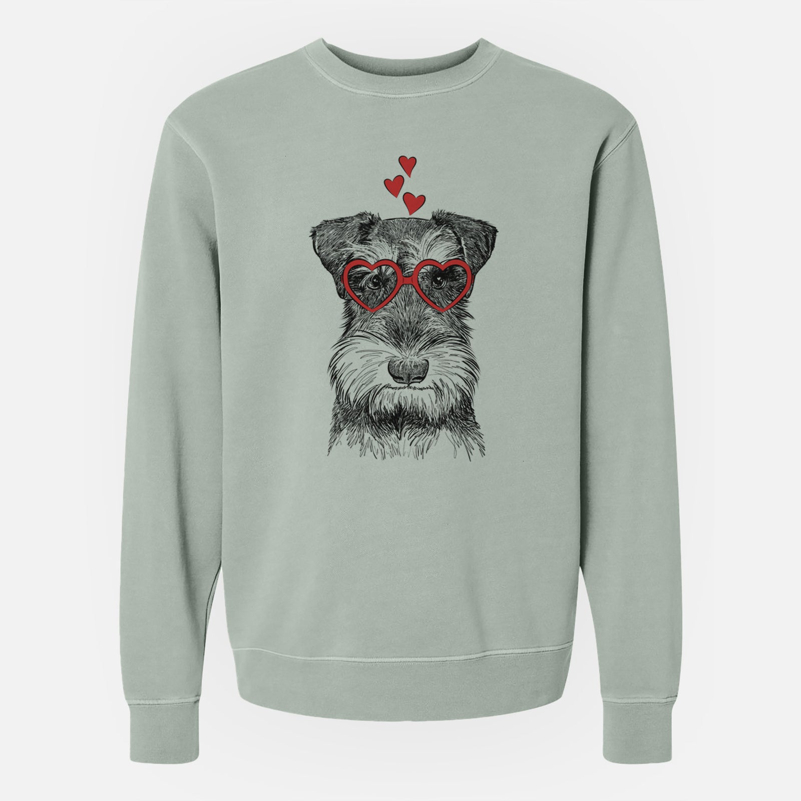 Hand-drawn sketch of Murphy the Mini Schnauzer wearing heart-shaped glasses on a Sage Unisex pigment dyed crew sweatshirt