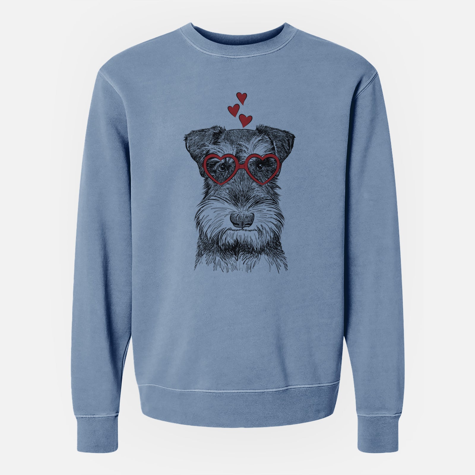Hand-drawn sketch of Murphy the Mini Schnauzer wearing heart-shaped glasses on a Slate Blue Unisex pigment dyed crew sweatshirt