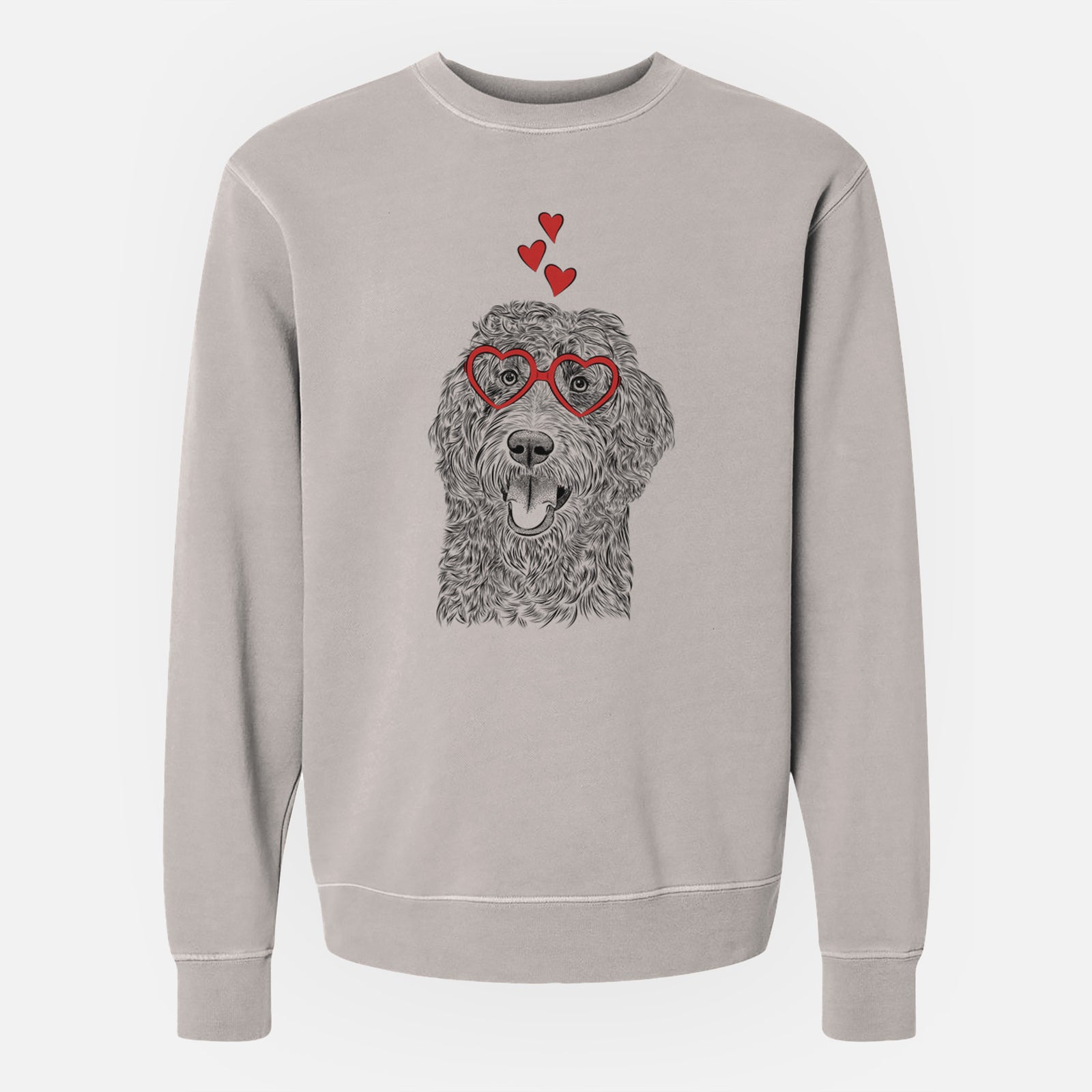 Hand-drawn sketch of Murr Dog the Labradoodle wearing heart-shaped glasses on a Cement Unisex pigment dyed crew sweatshirt