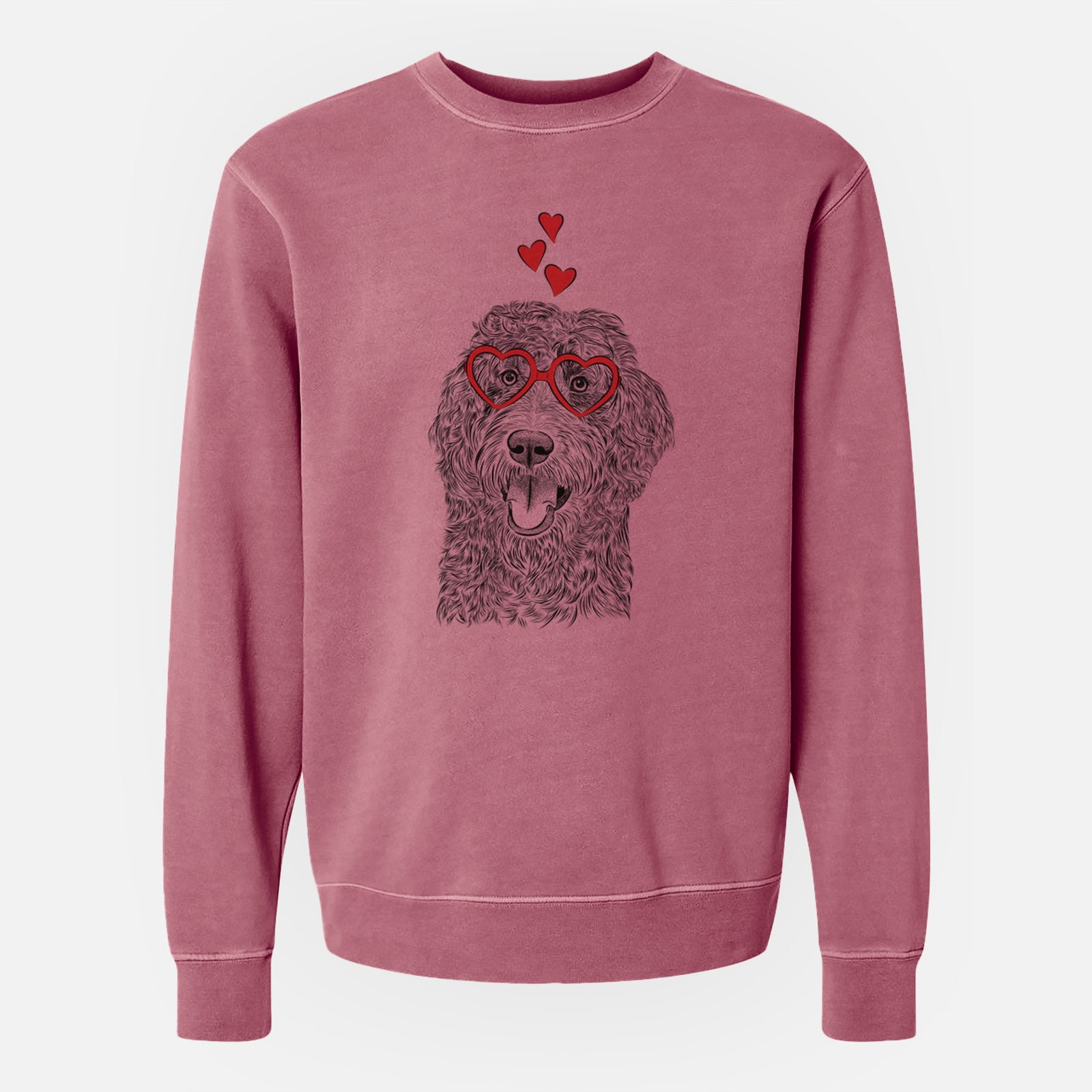 Hand-drawn sketch of Murr Dog the Labradoodle wearing heart-shaped glasses on a Maroon Unisex pigment dyed crew sweatshirt