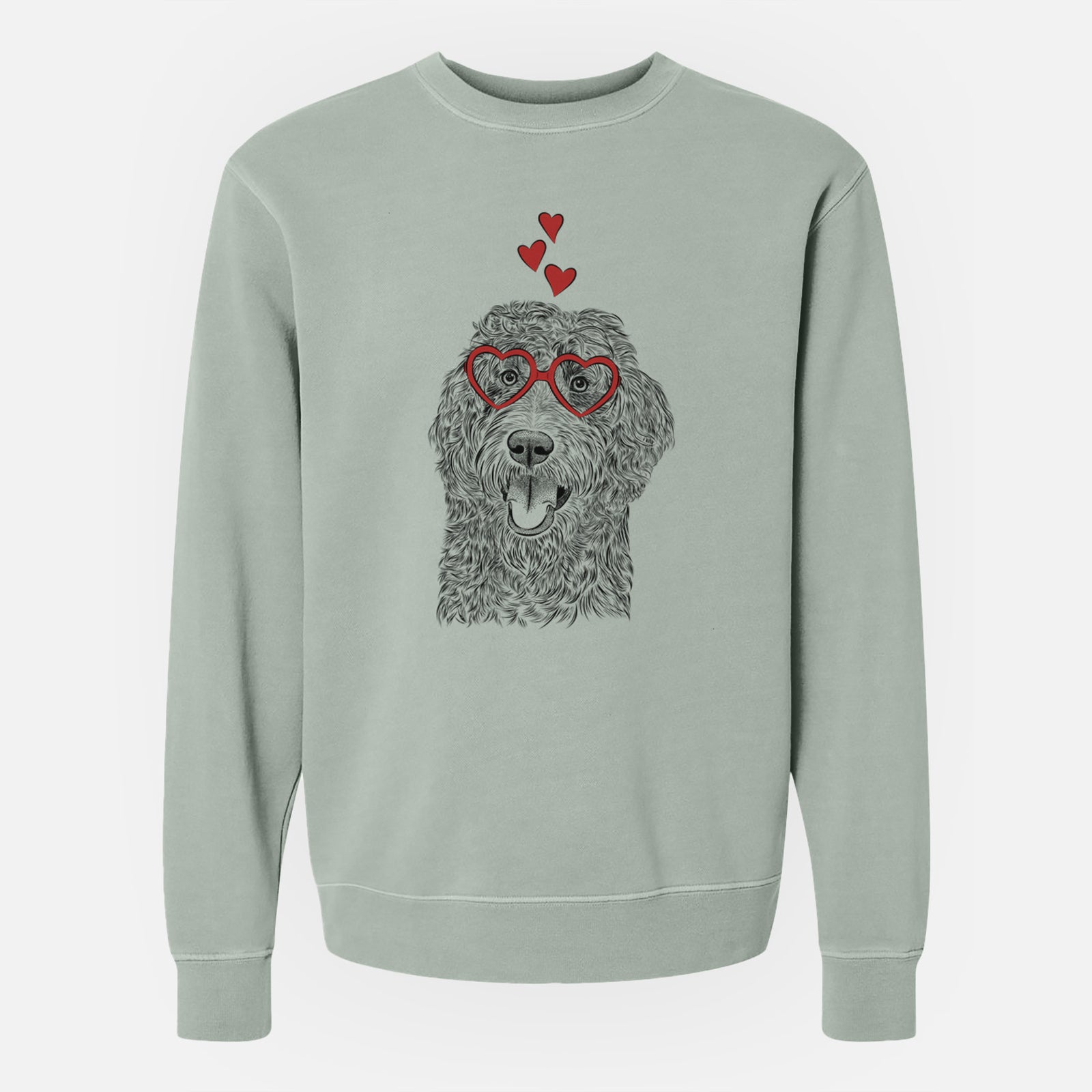 Hand-drawn sketch of Murr Dog the Labradoodle wearing heart-shaped glasses on a Sage Unisex pigment dyed crew sweatshirt