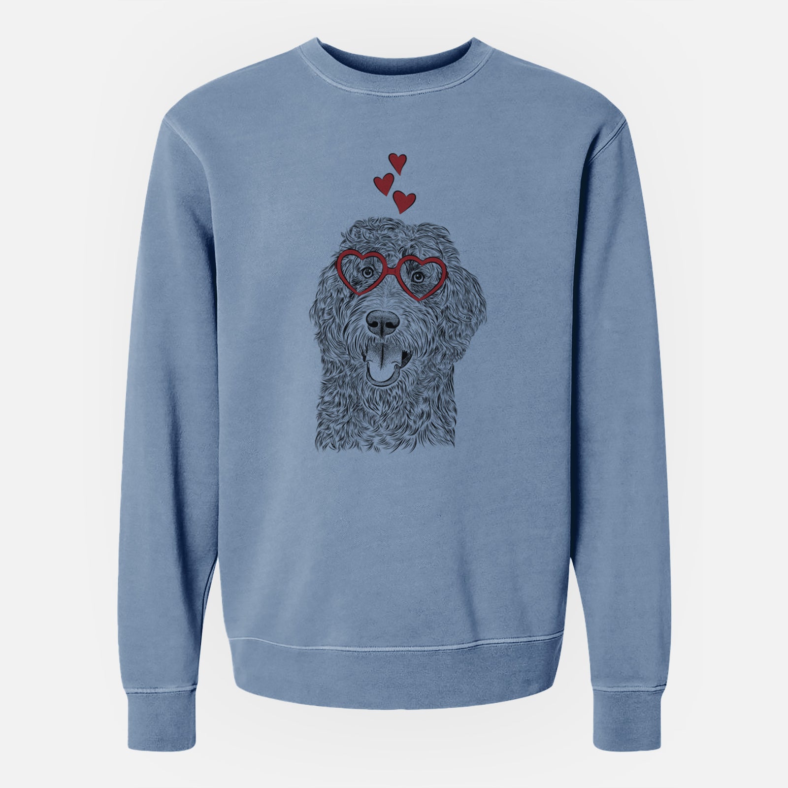 Hand-drawn sketch of Murr Dog the Labradoodle wearing heart-shaped glasses on a Slate Blue Unisex pigment dyed crew sweatshirt