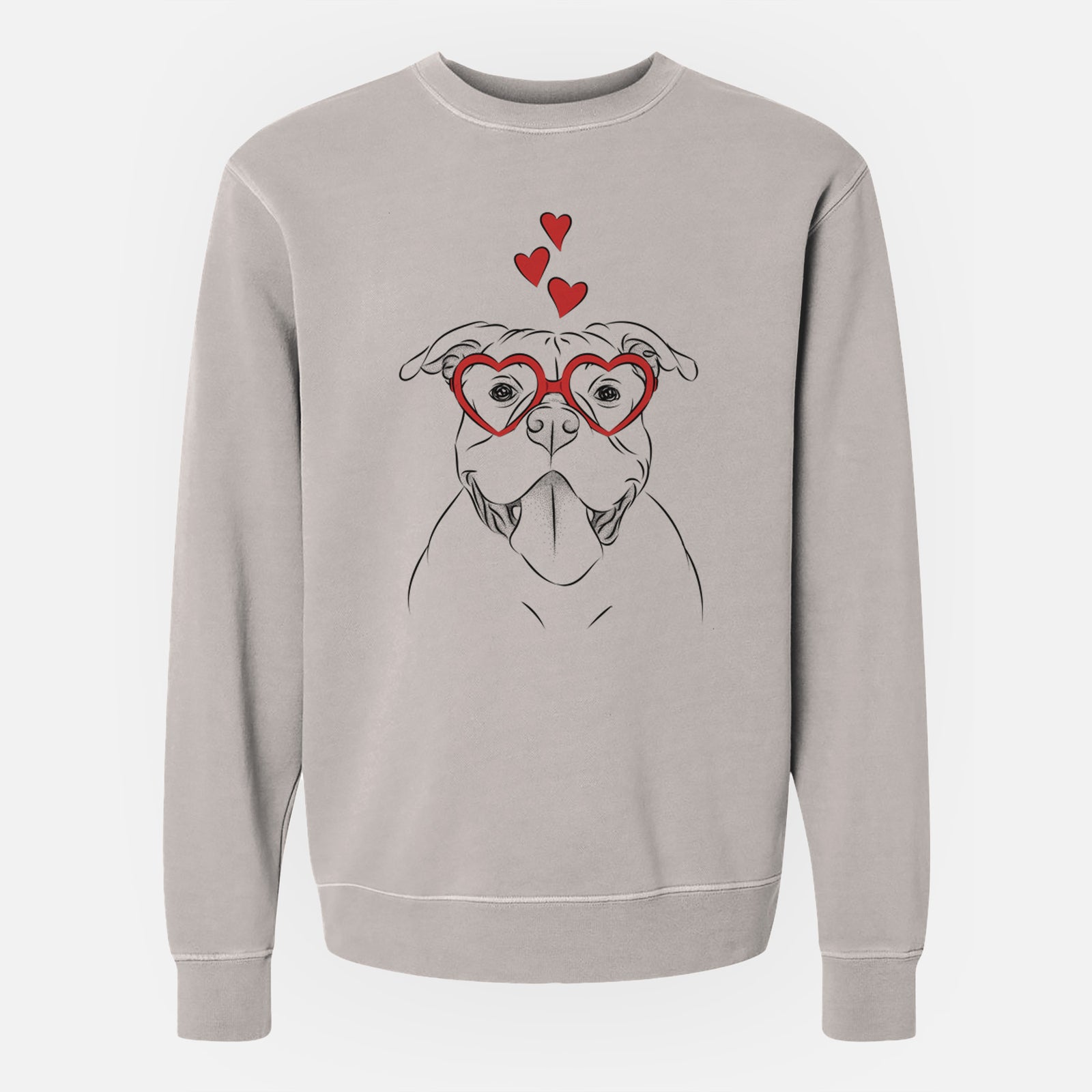 Hand-drawn sketch of Nacho the American Bully wearing heart-shaped glasses on a Cement Unisex pigment dyed crew sweatshirt