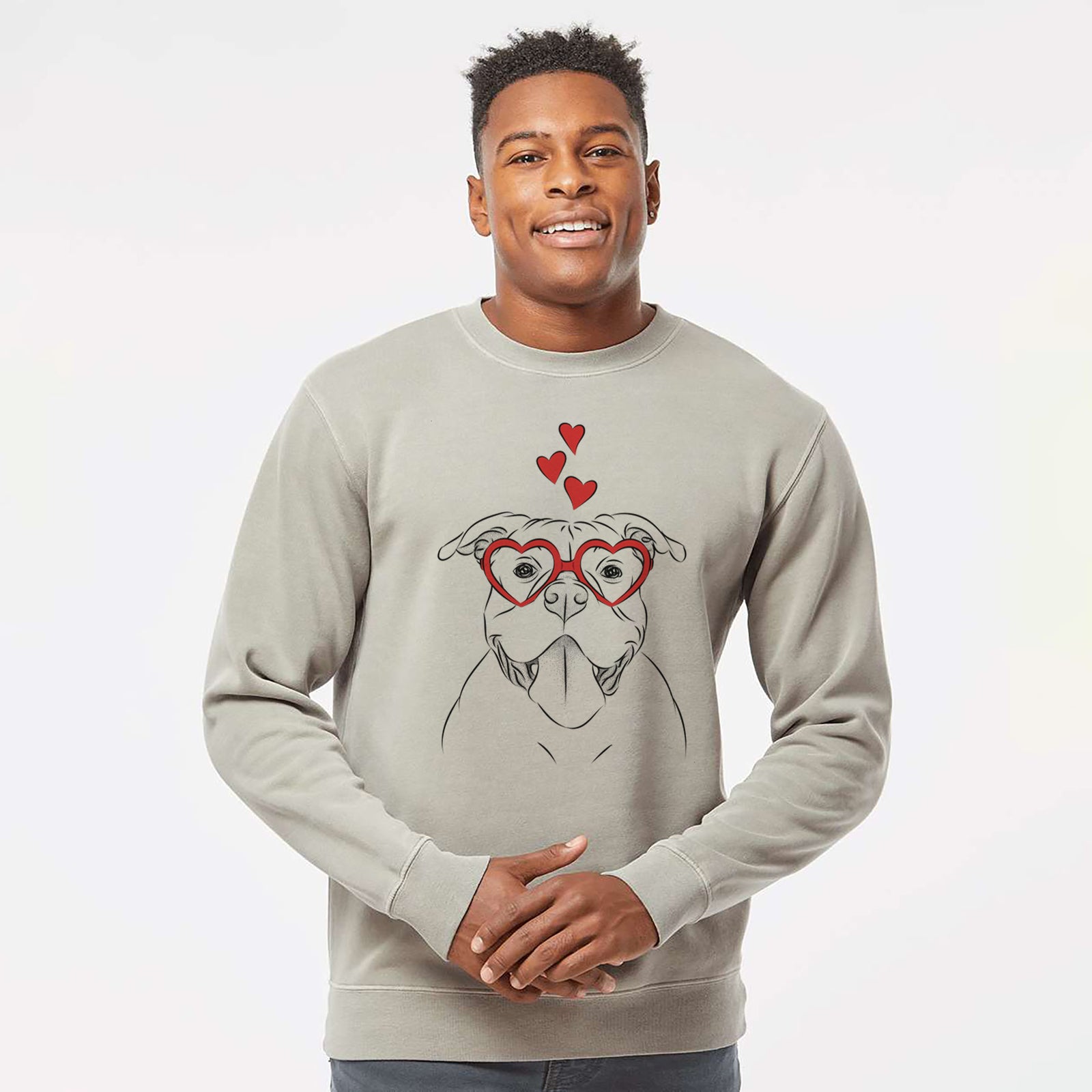 Hand-drawn sketch of Nacho the American Bully wearing heart-shaped glasses on a Cement Unisex pigment dyed crew sweatshirt
