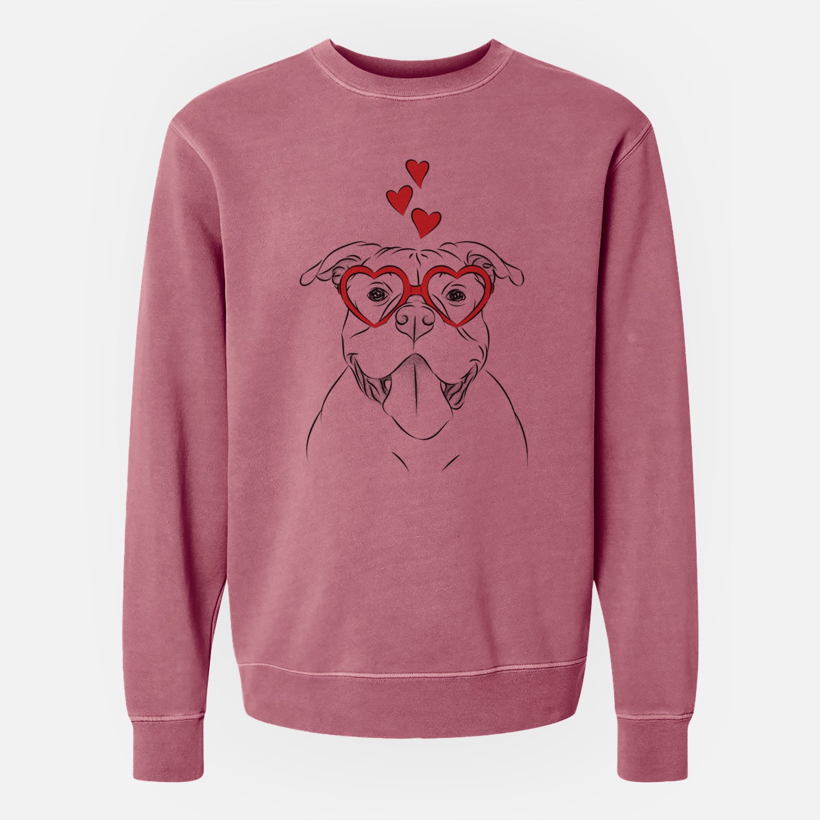Hand-drawn sketch of Nacho the American Bully wearing heart-shaped glasses on a Maroon Unisex pigment dyed crew sweatshirt