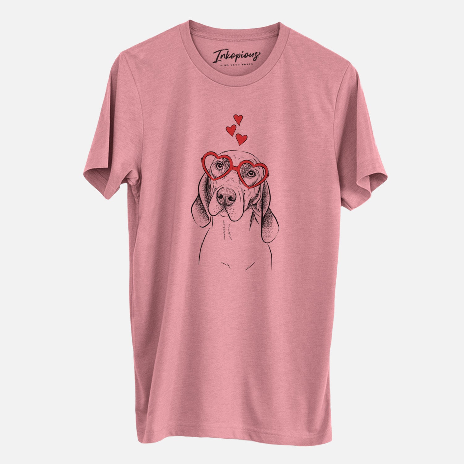 Hand-drawn sketch of Norman the Plott Hound wearing heart-shaped glasses on a Mauve Unisex crewneck, worn by a man