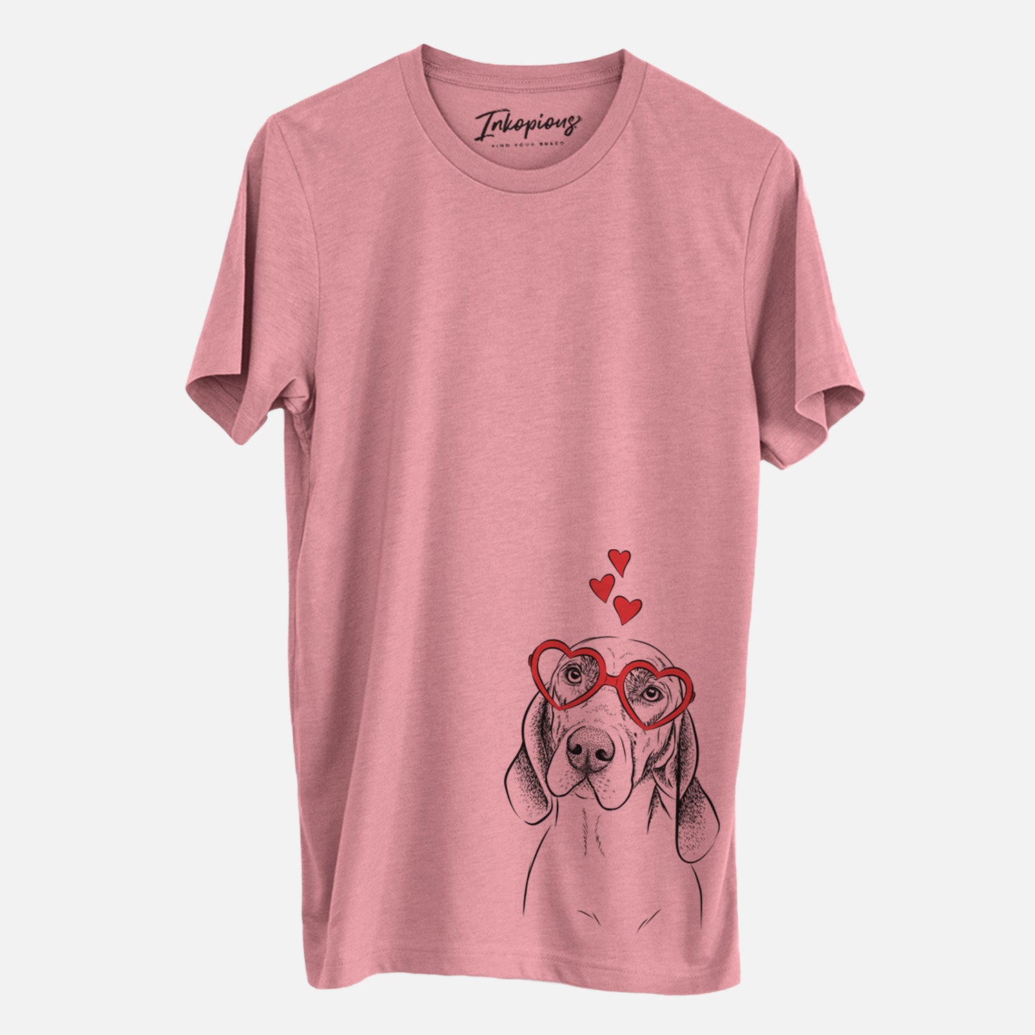 Hand-drawn sketch of Norman the Plott Hound wearing heart-shaped glasses on a Mauve Unisex crewneck, worn by a man