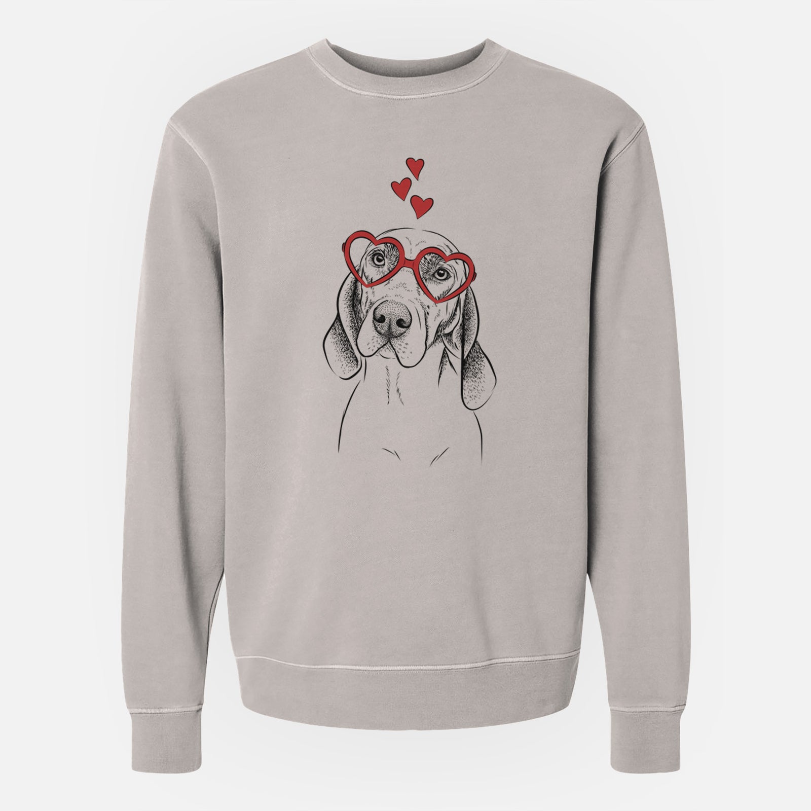 Hand-drawn sketch of Norman the Plott Hound wearing heart-shaped glasses on a Cement Unisex pigment dyed crew sweatshirt