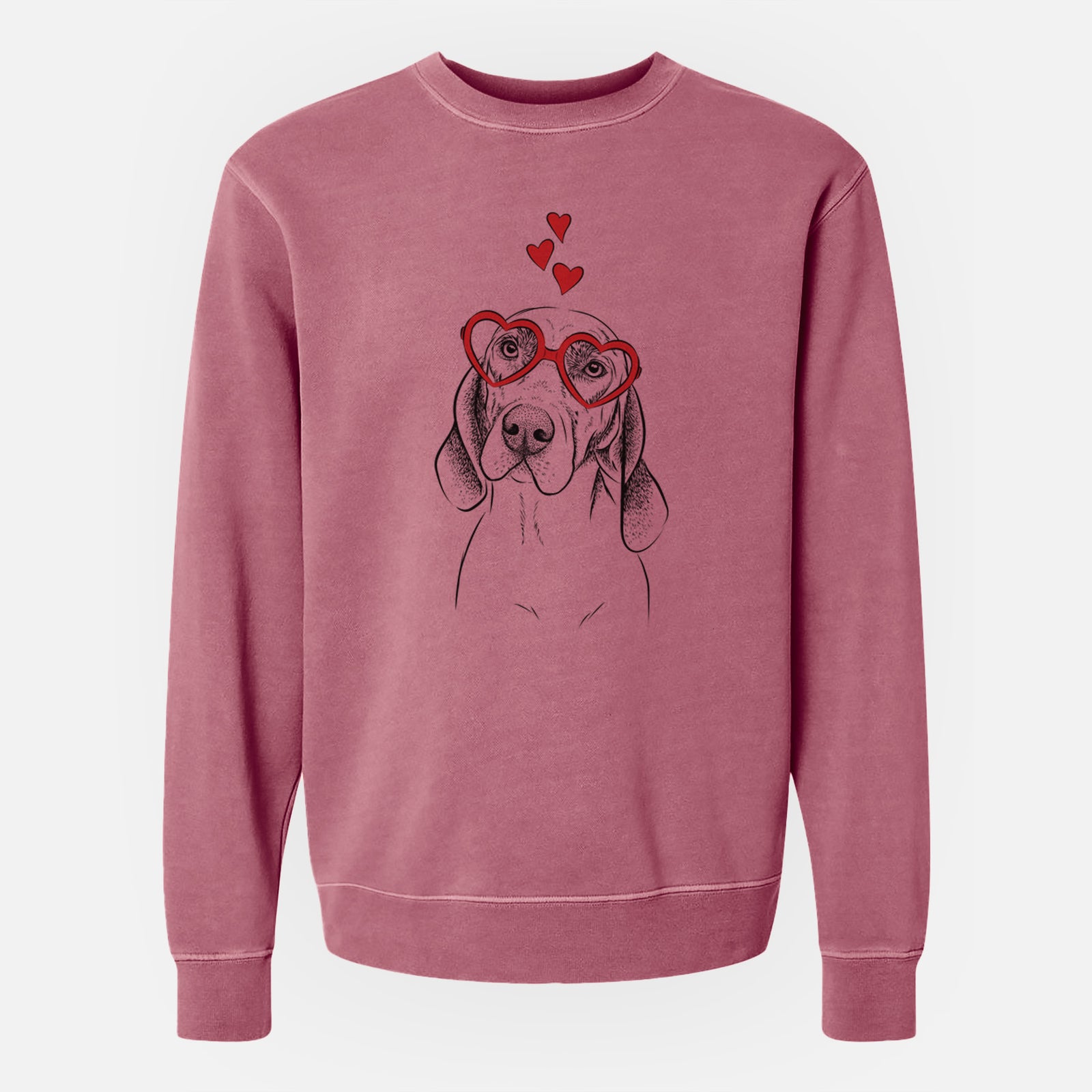 Hand-drawn sketch of Norman the Plott Hound wearing heart-shaped glasses on a Maroon Unisex pigment dyed crew sweatshirt