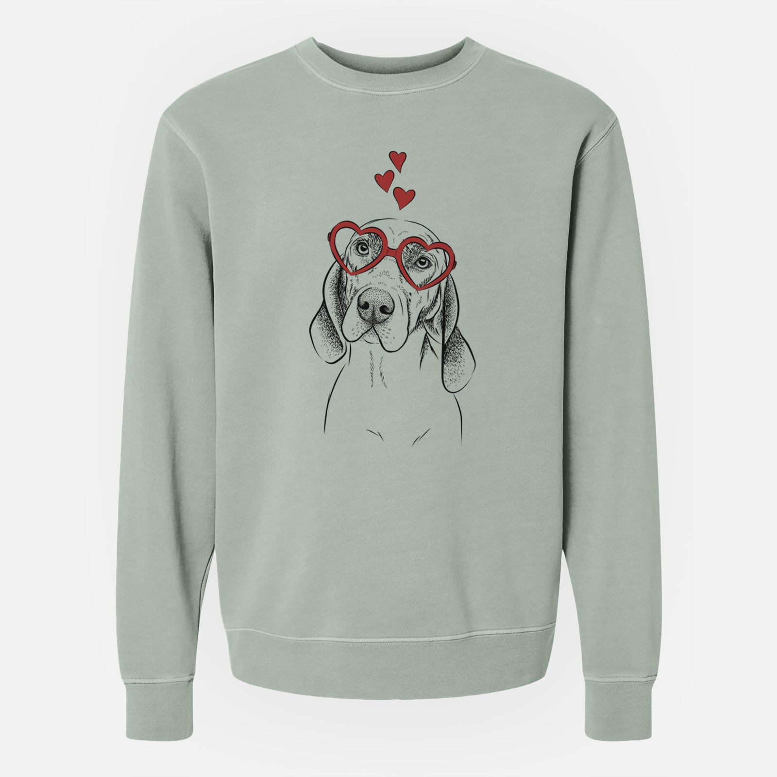 Hand-drawn sketch of Norman the Plott Hound wearing heart-shaped glasses on a Sage Unisex pigment dyed crew sweatshirt