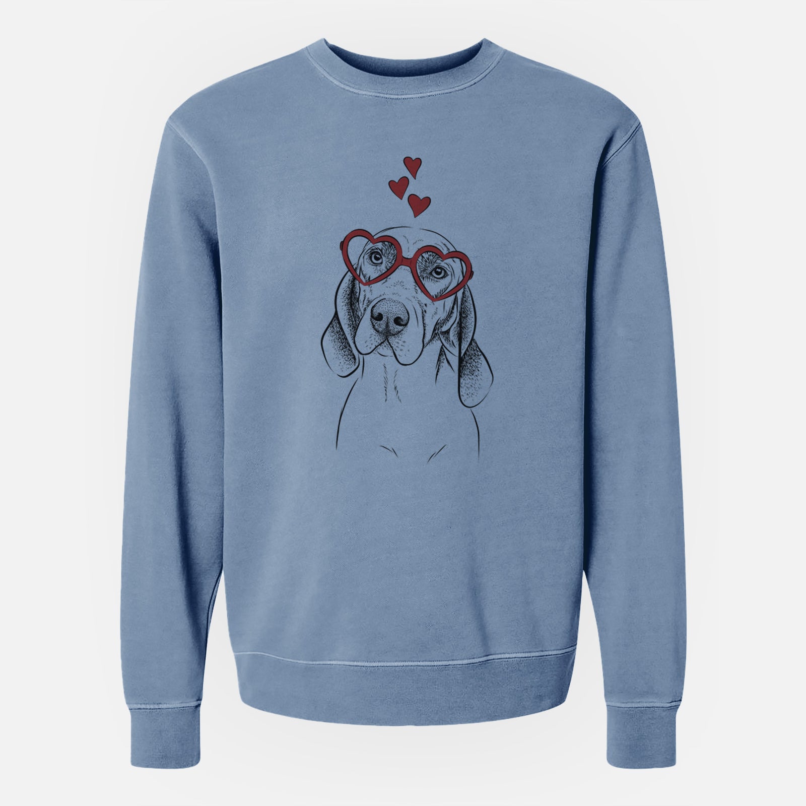 Hand-drawn sketch of Norman the Plott Hound wearing heart-shaped glasses on a Slate Blue Unisex pigment dyed crew sweatshirt