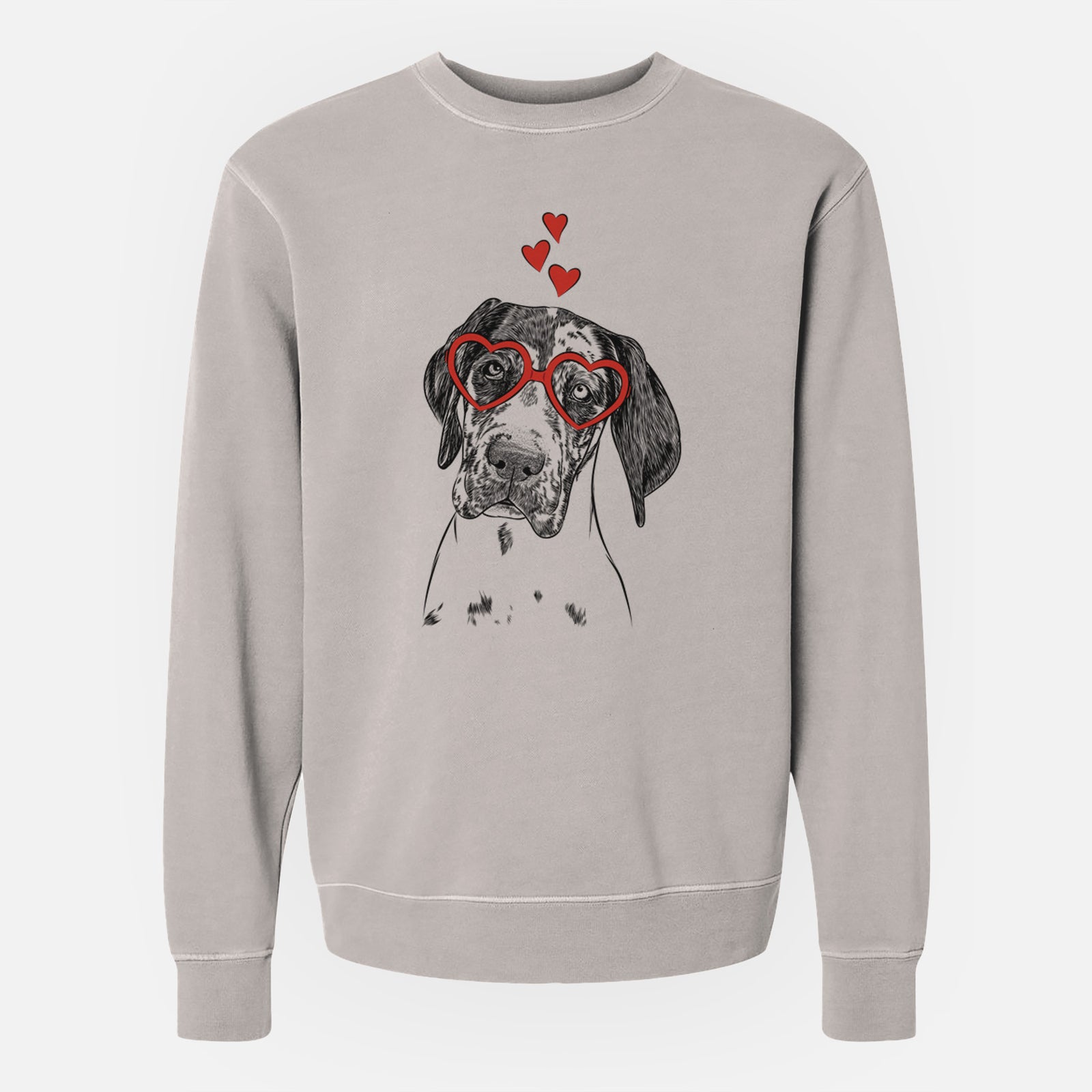 Hand-drawn sketch of Nyx the Great Dane wearing heart-shaped glasses on a Cement Unisex pigment dyed crew sweatshirt