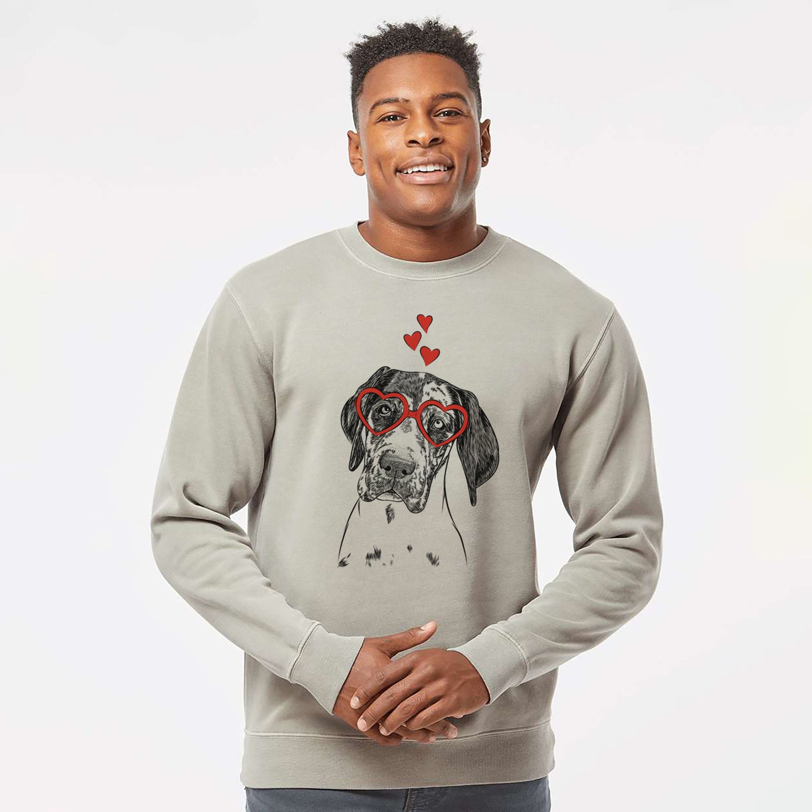 Hand-drawn sketch of Nyx the Great Dane wearing heart-shaped glasses on a Cement Unisex pigment dyed crew sweatshirt