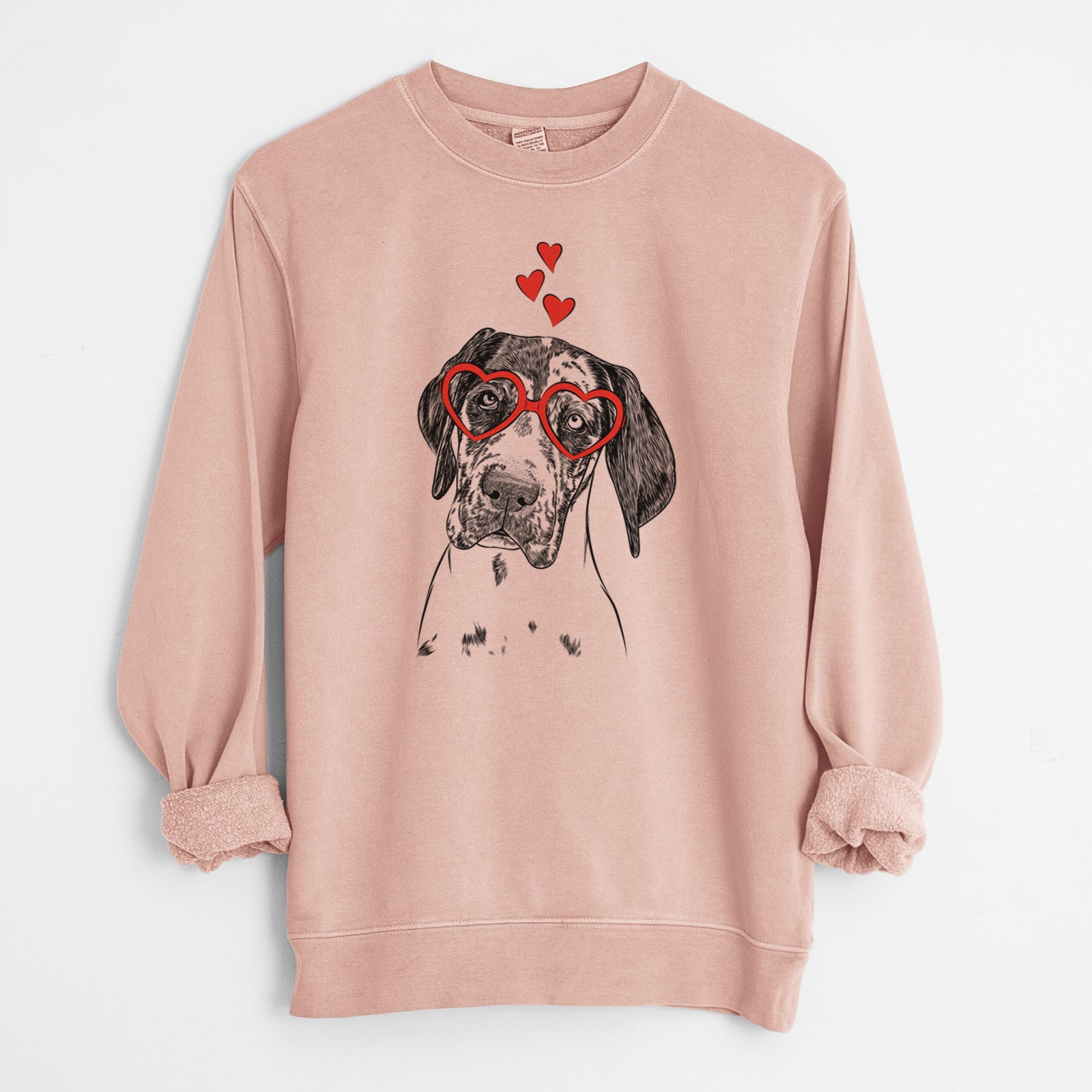 Hand-drawn sketch of Nyx the Great Dane wearing heart-shaped glasses on a Dusty Pink Unisex pigment dyed crew sweatshirt