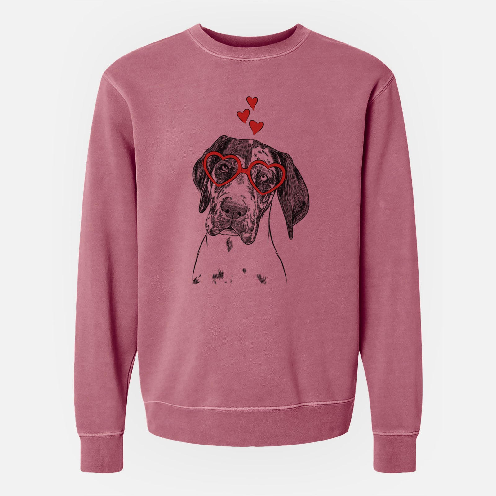 Hand-drawn sketch of Nyx the Great Dane wearing heart-shaped glasses on a Maroon Unisex pigment dyed crew sweatshirt