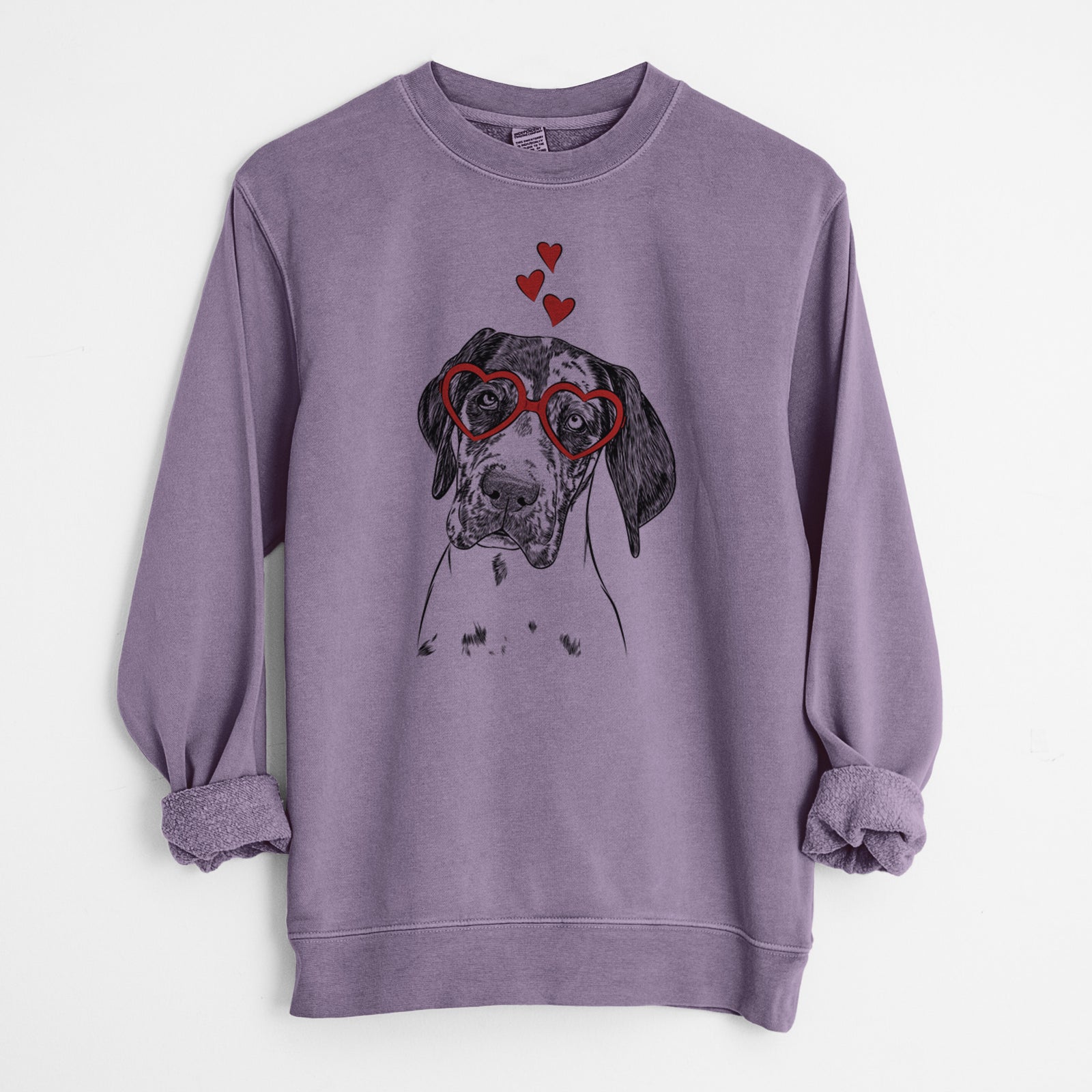 Hand-drawn sketch of Nyx the Great Dane wearing heart-shaped glasses on a Plum Unisex pigment dyed crew sweatshirt