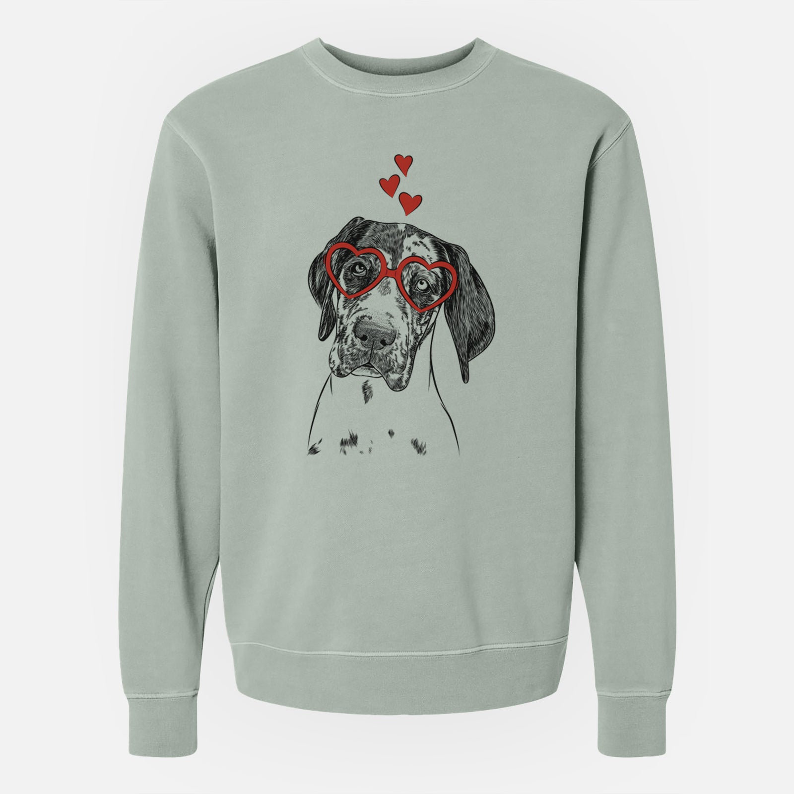 Hand-drawn sketch of Nyx the Great Dane wearing heart-shaped glasses on a Sage Unisex pigment dyed crew sweatshirt