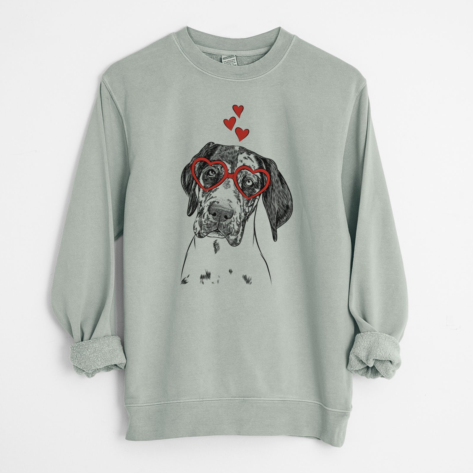 Hand-drawn sketch of Nyx the Great Dane wearing heart-shaped glasses on a Sage Unisex pigment dyed crew sweatshirt