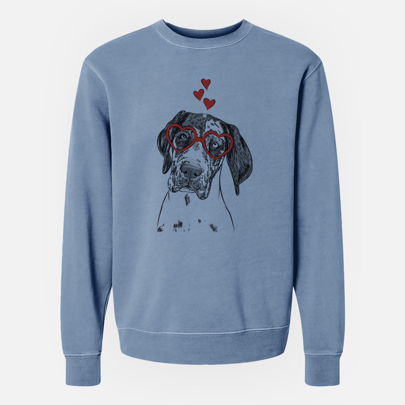 Hand-drawn sketch of Nyx the Great Dane wearing heart-shaped glasses on a Slate Blue Unisex pigment dyed crew sweatshirt