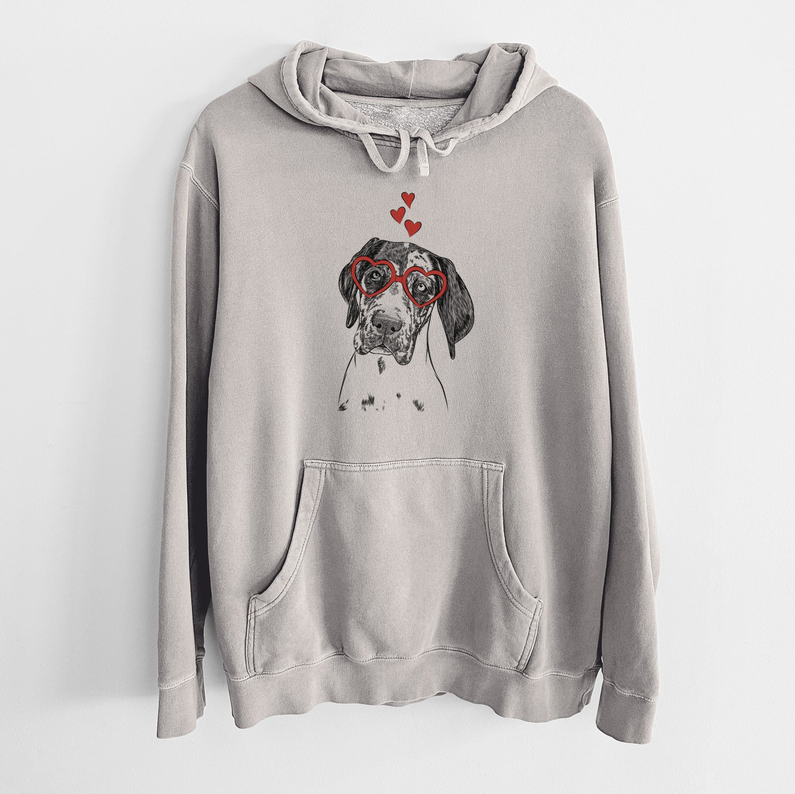 Hand-drawn sketch of Nyx the Great Dane wearing heart-shaped glasses on a Cement Unisex pigment dyed hoodie