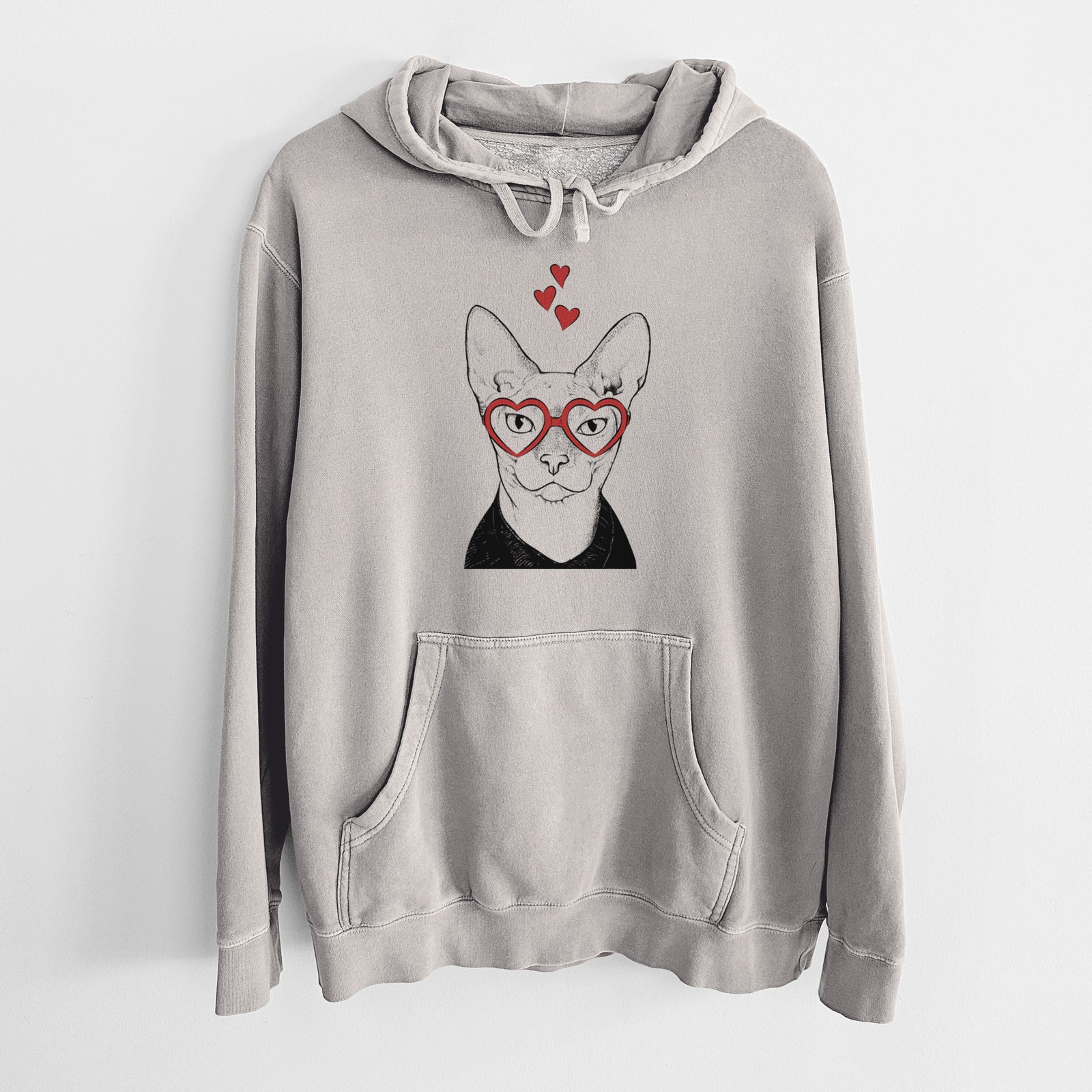 Hand-drawn sketch of Oliver Watson the Sphynx Cat wearing heart-shaped glasses on a Cement Unisex pigment dyed hoodie
