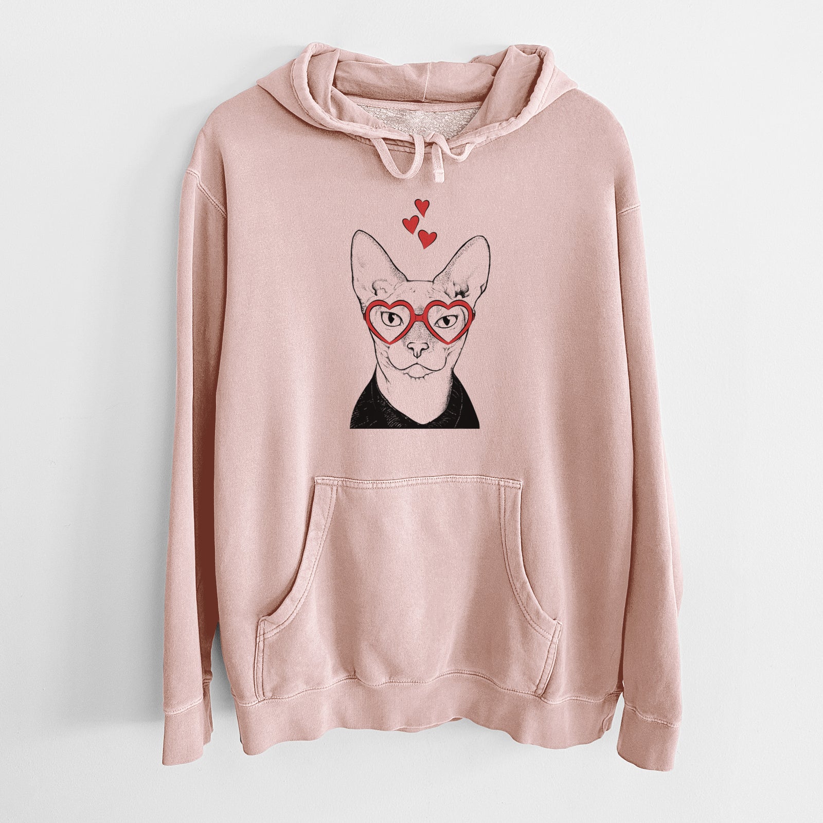 Hand-drawn sketch of Oliver Watson the Sphynx Cat wearing heart-shaped glasses on a Dusty Pink Unisex pigment dyed hoodie