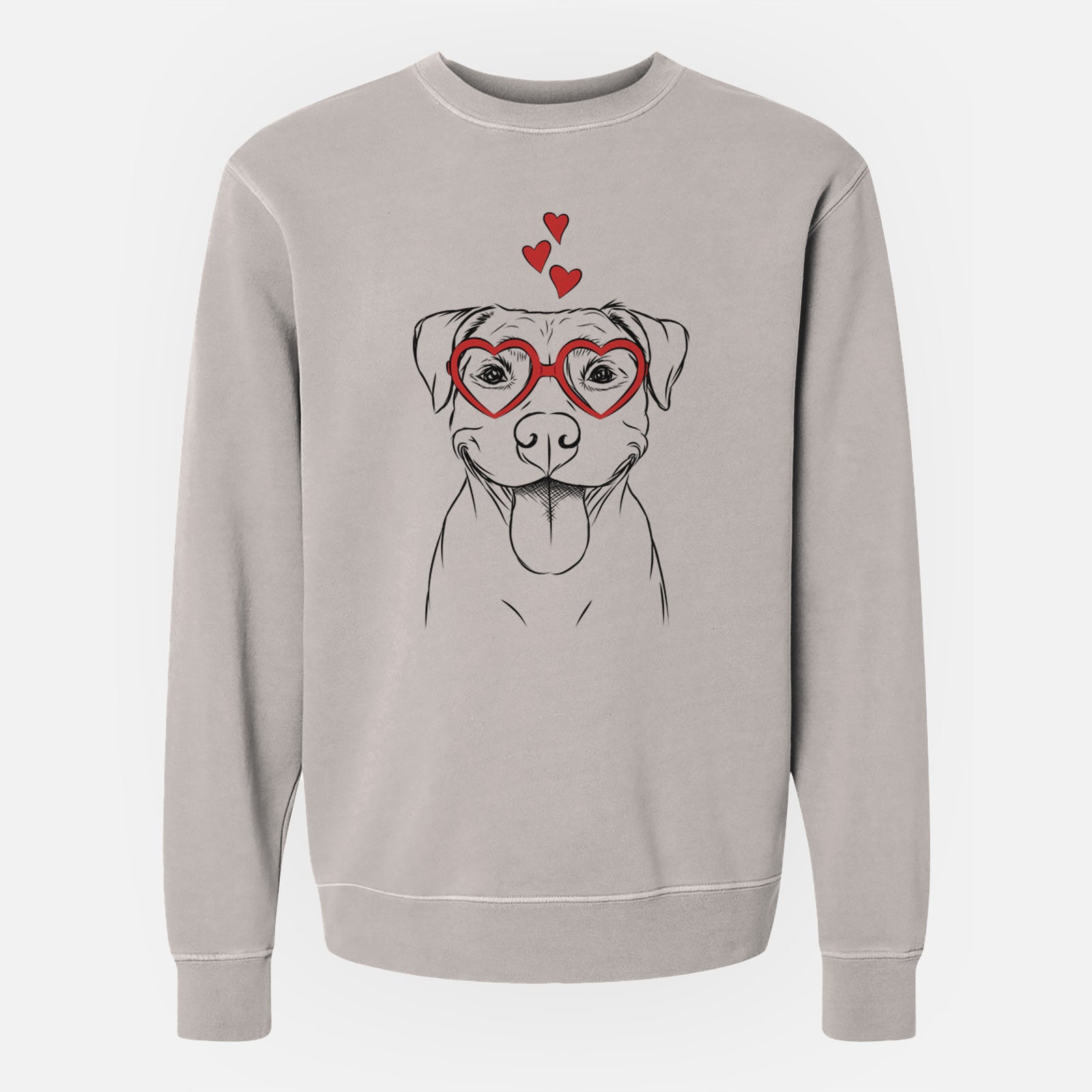 Hand-drawn sketch of Parker the Pitbull wearing heart-shaped glasses on a Cement Unisex pigment dyed crew sweatshirt