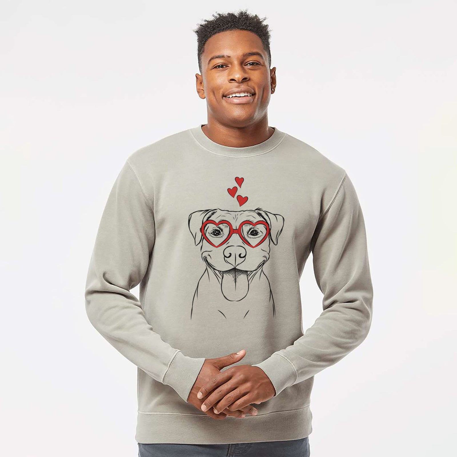Hand-drawn sketch of Parker the Pitbull wearing heart-shaped glasses on a Cement Unisex pigment dyed crew sweatshirt