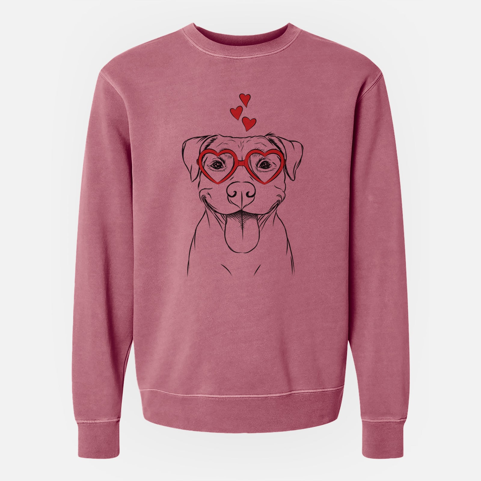 Hand-drawn sketch of Parker the Pitbull wearing heart-shaped glasses on a Maroon Unisex pigment dyed crew sweatshirt