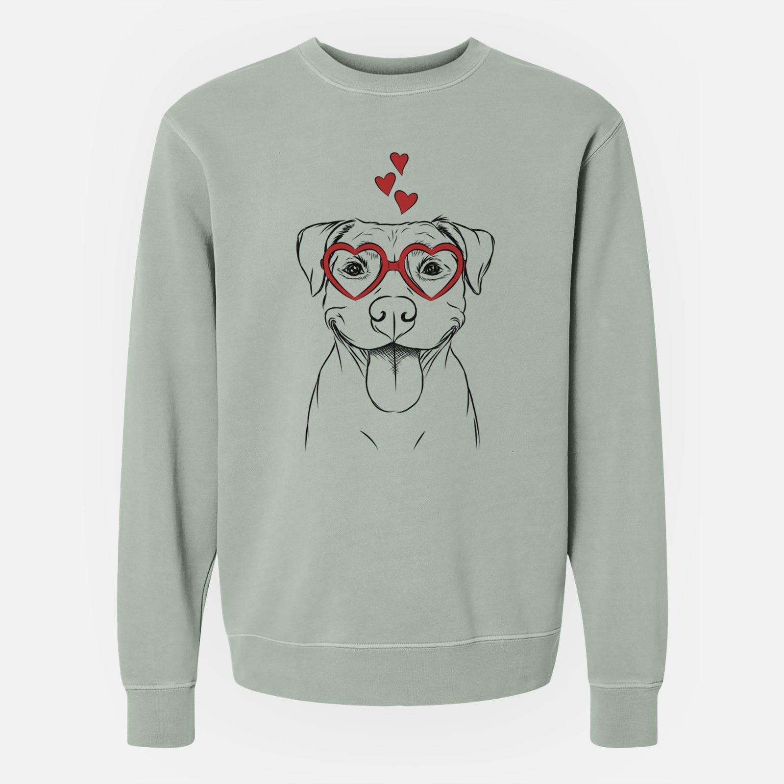 Hand-drawn sketch of Parker the Pitbull wearing heart-shaped glasses on a Sage Unisex pigment dyed crew sweatshirt