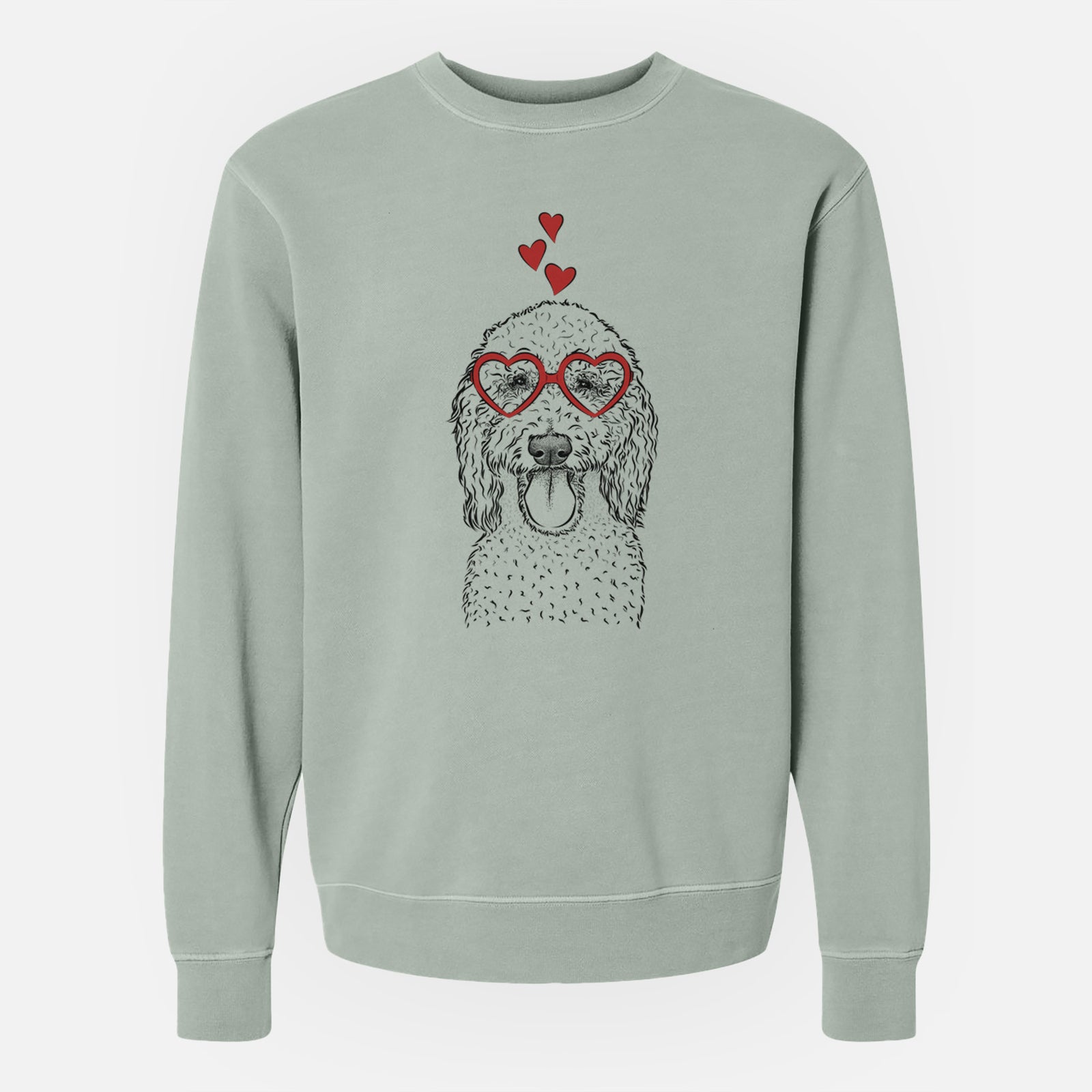 Hand-drawn sketch of Pavlov the Goldendoodle wearing heart-shaped glasses on a Sage Unisex pigment dyed crew sweatshirt