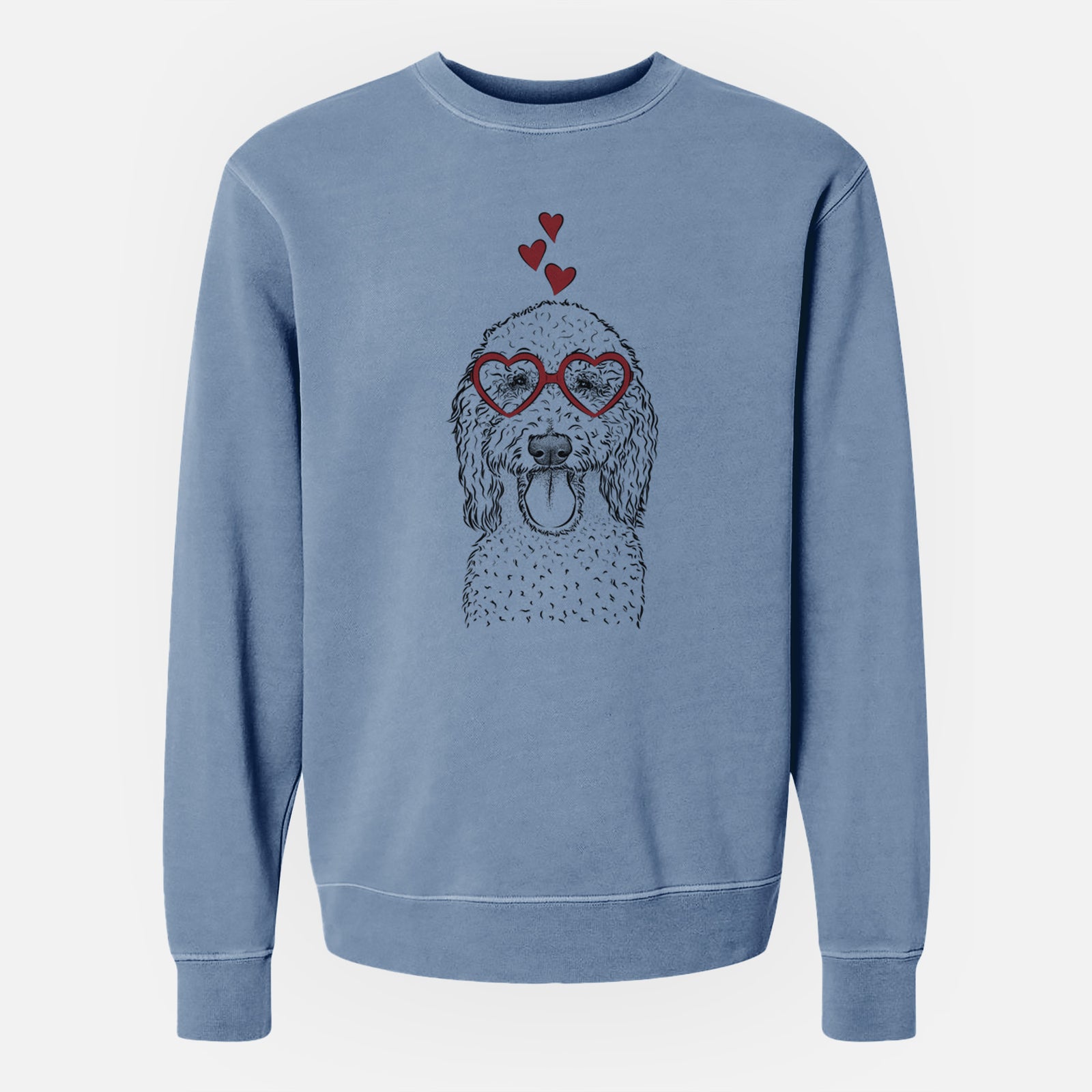 Hand-drawn sketch of Pavlov the Goldendoodle wearing heart-shaped glasses on a Slate Blue Unisex pigment dyed crew sweatshirt