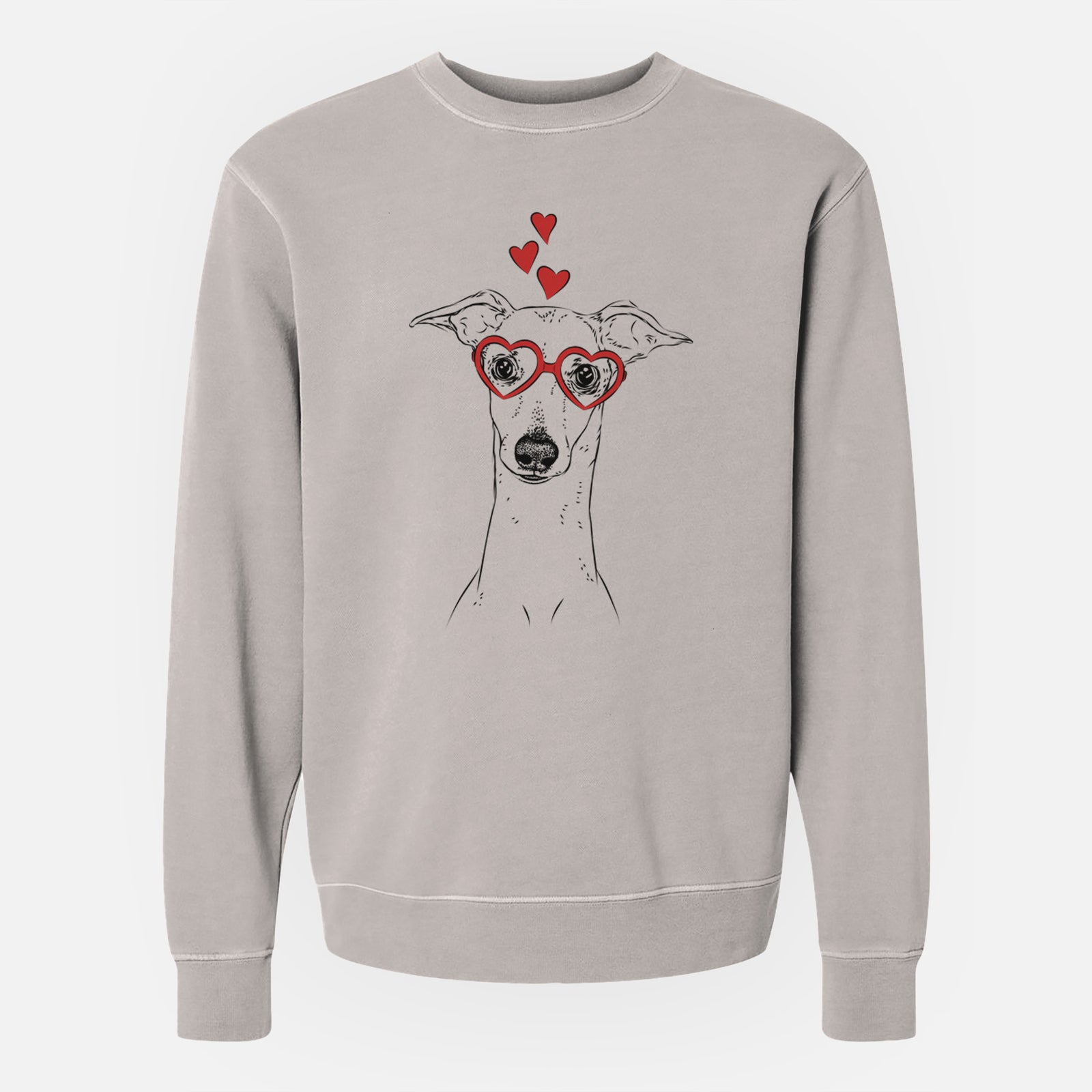 Hand-drawn sketch of Pip the Italian Greyhound wearing heart-shaped glasses on a Cement Unisex pigment dyed crew sweatshirt