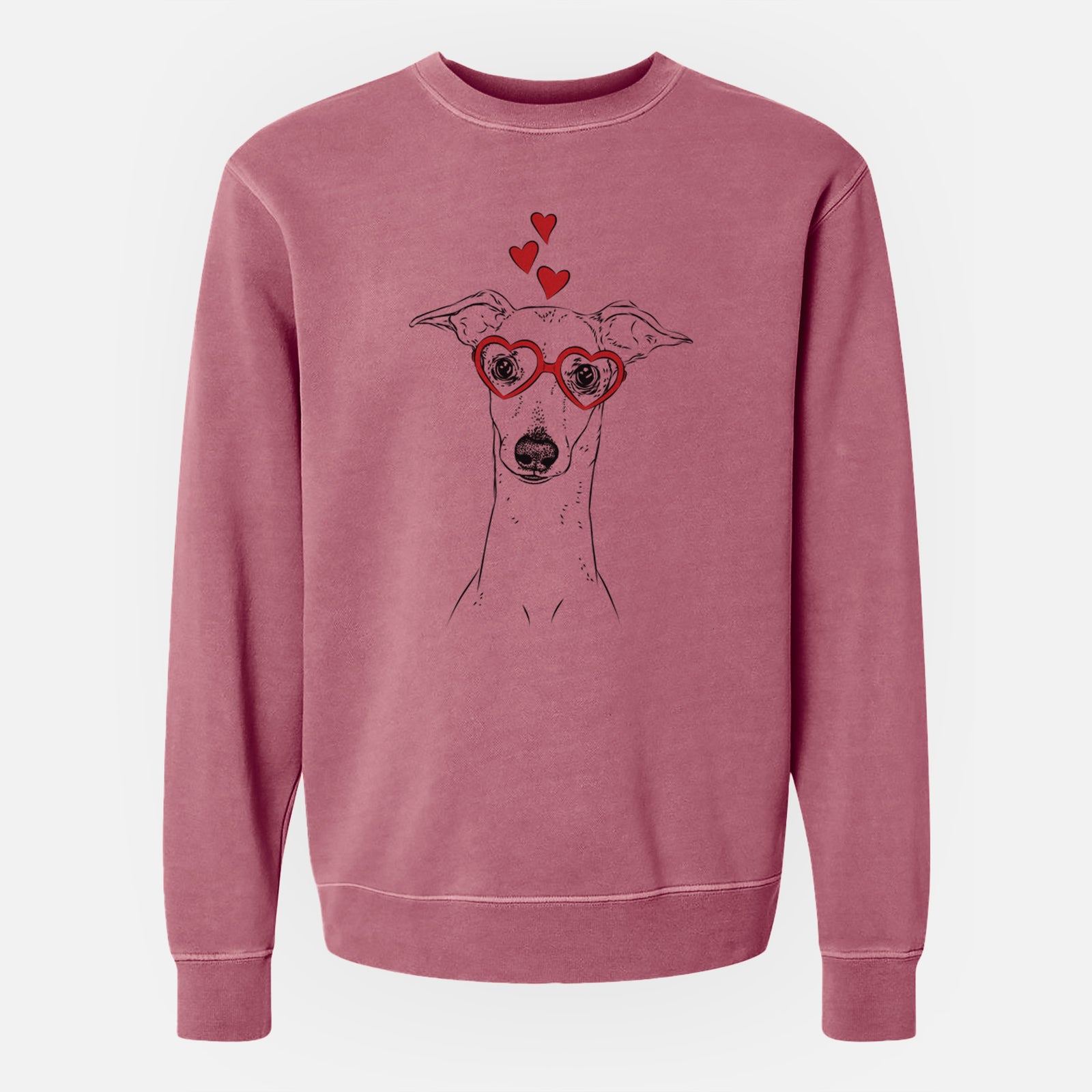 Hand-drawn sketch of Pip the Italian Greyhound wearing heart-shaped glasses on a Maroon Unisex pigment dyed crew sweatshirt