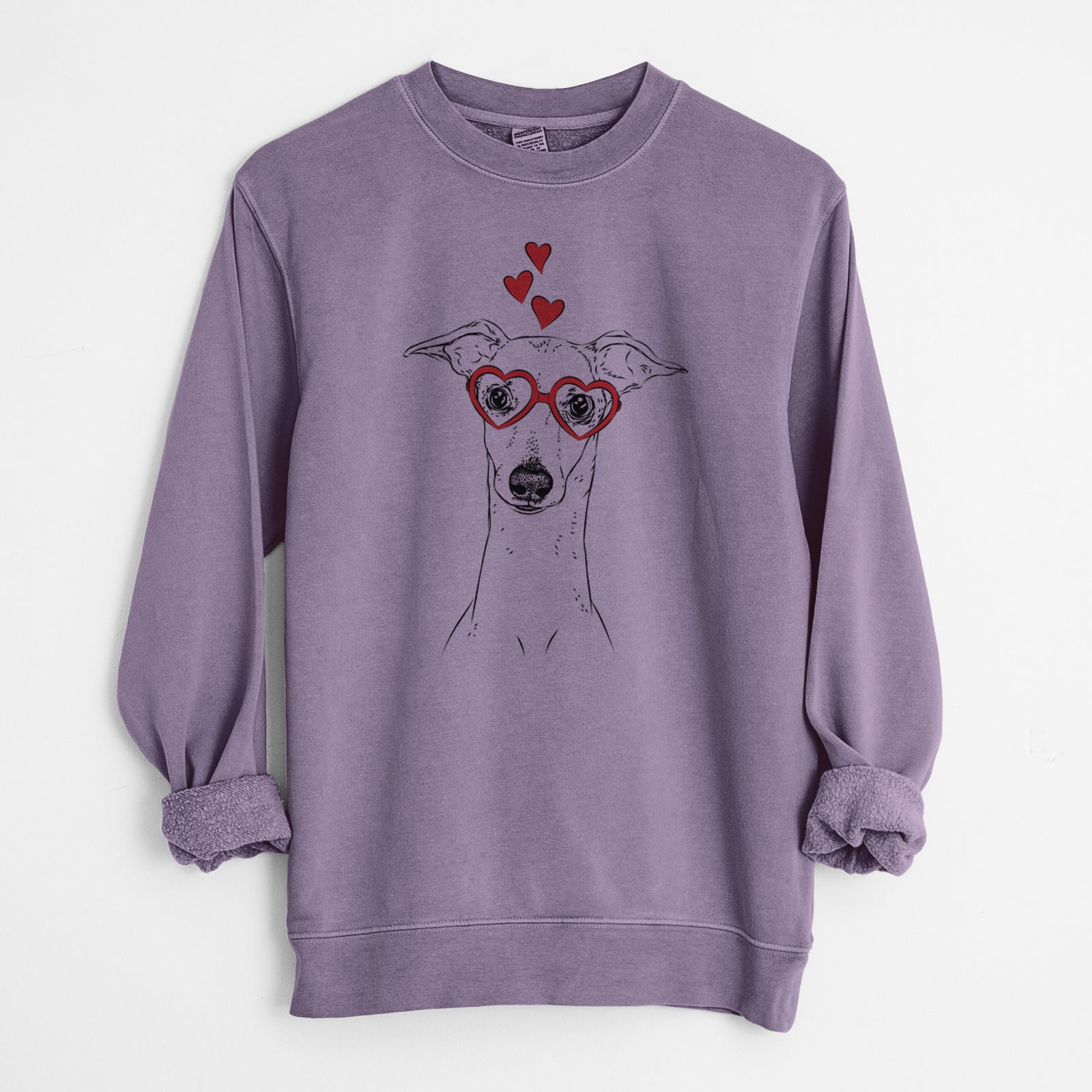 Hand-drawn sketch of Pip the Italian Greyhound wearing heart-shaped glasses on a Plum Unisex pigment dyed crew sweatshirt